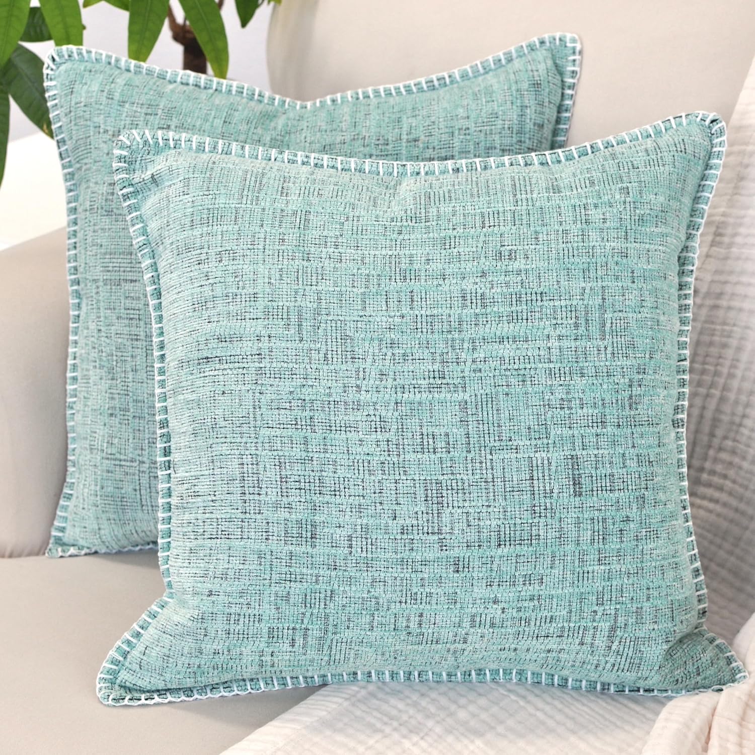 18x18 Pillow Covers for Couch Pillows Mint Green Set of 2, Decorative Soft Textured Cozy Chenille Cushions Covers, Modern Deco Covers for Sofa Pillows, Decor Pillow Covers Square Pillowcase