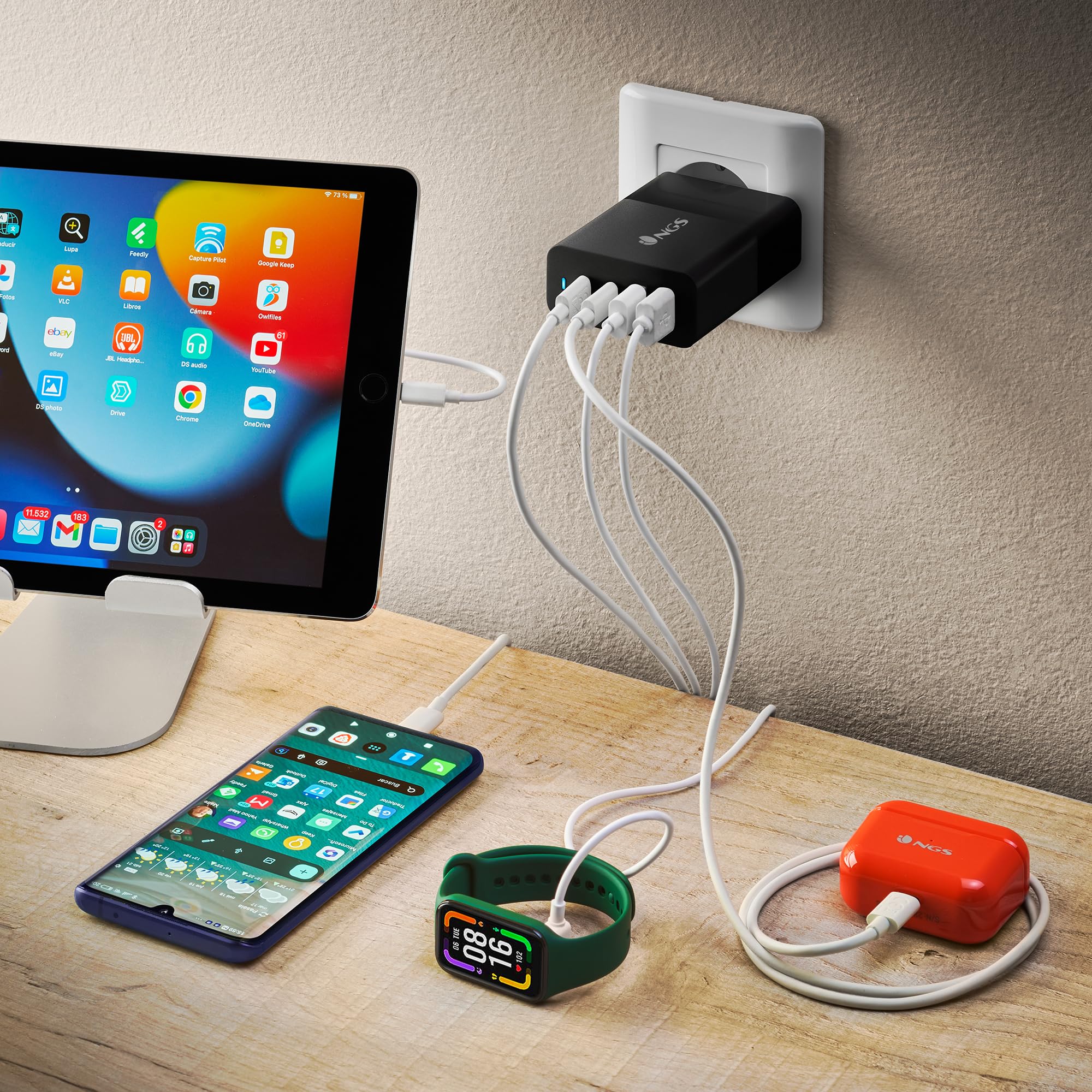 NGS Bud 100 W - Caricatore da parete ultra veloce con 2 porte USB-C(PD & PPS 100 W) 2 USB-A (QC 3.0 30 W) compatto e portatile per smartphone tablet portatili Materiali GAN ignifughi Ricarica