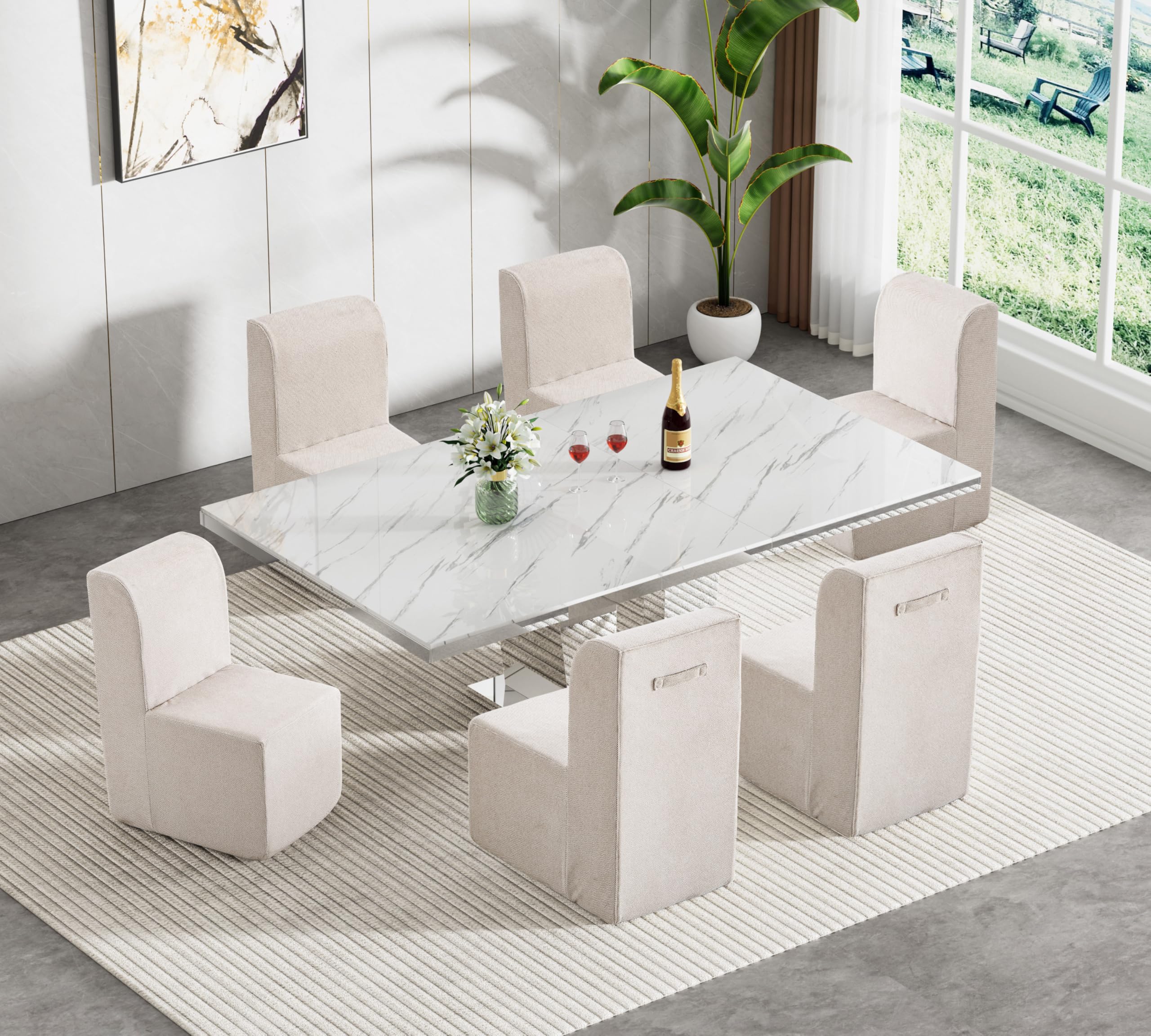 7-Piece Extendable Dining Table Set for 6, Modern 63"-94" White Marble Expandable Kitchen Table Set with 6 Sofa Chairs,Large Extendable Dining Room Tables with Mirrored Columnar Base