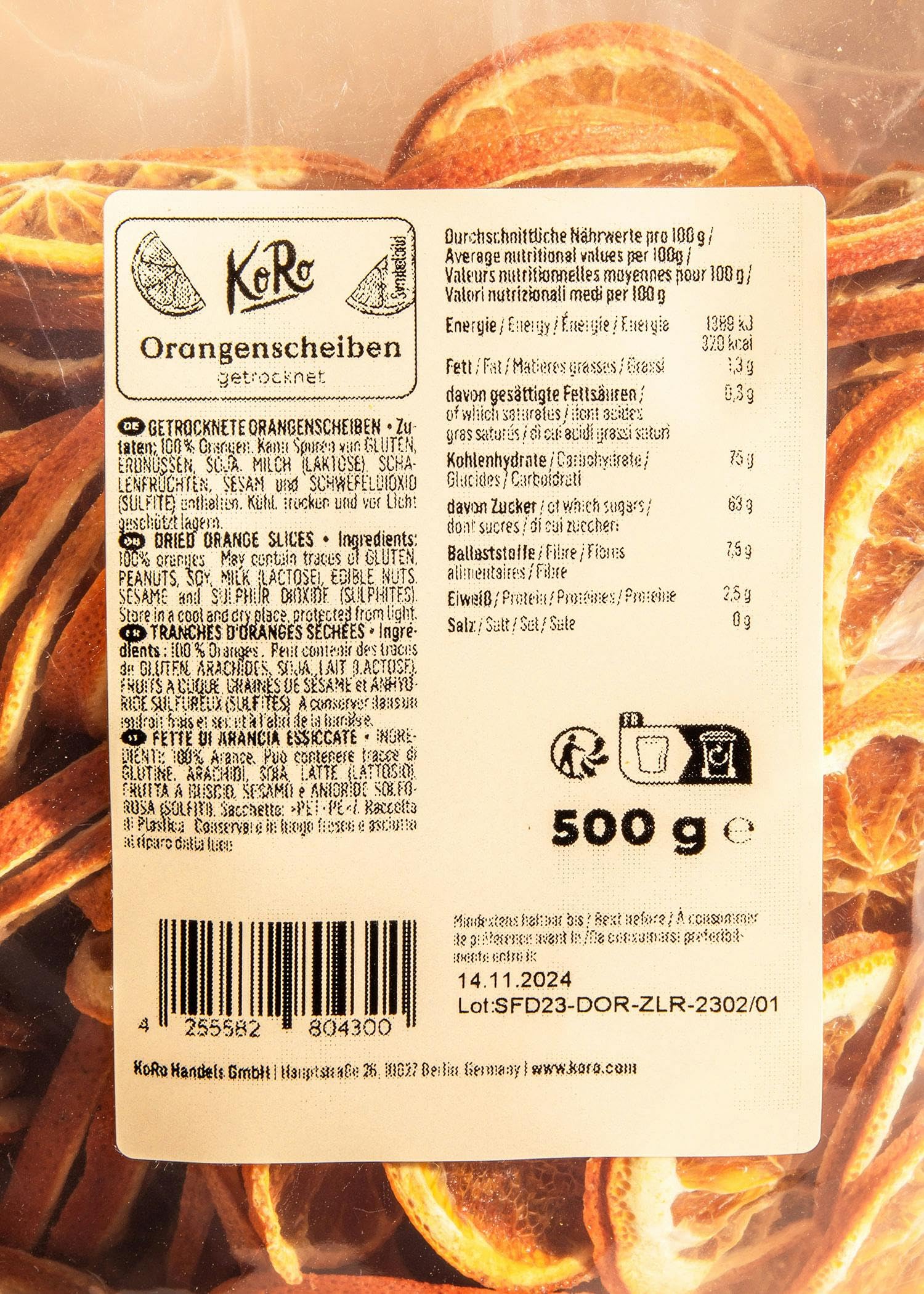 KoRo - Fette d'arancia essiccate 500 g - Come spezia, decorazione o guarnizione - Per cocktail, tè e vin brulé - Tutto l'anno sapore fruttato di arancia - 100% arance