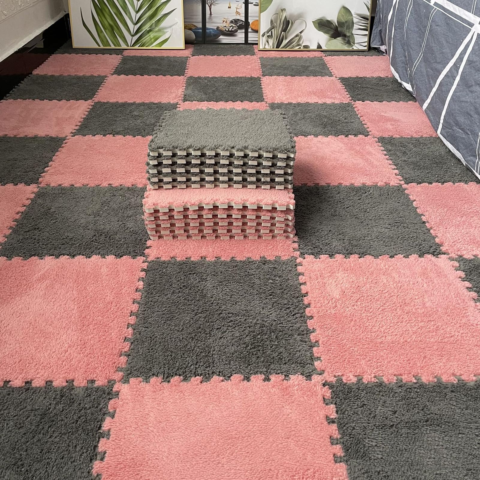 16 Stück Ineinander Greifende Teppichfliesen für Den Boden, Puzzle-Schaumstoff-Bodenmatte, Plüsch-Puzzle-Spielmatte