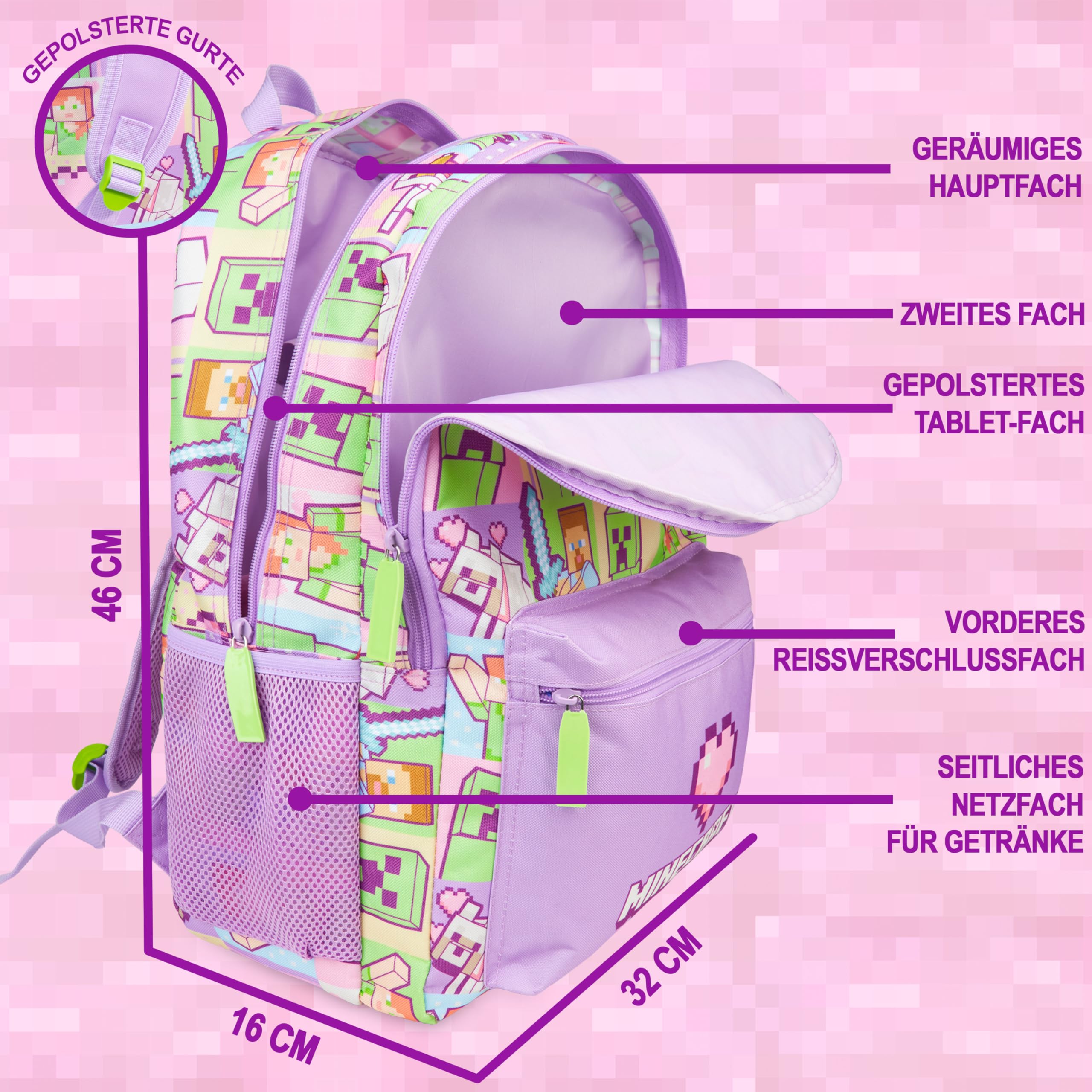 Get Trend Minecraft Grande Zainetto Bambina, 46 cm Borsa Zaino Scuola Multi-Scomparto e Spallacci Regolabili per Scuola e Gite, Idea Regalo (Multi Minecraft)