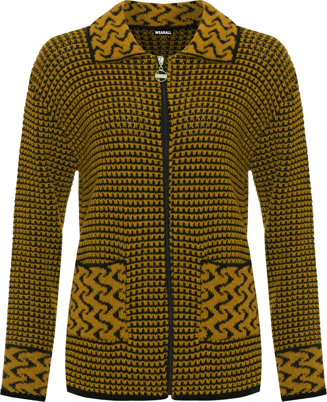 WearAll Women's Plus Womens Long Sleeve Knitted Cardigan Ladies Zip Pocket Leopard Collar Jumper Jacket - Mustard - 12-14