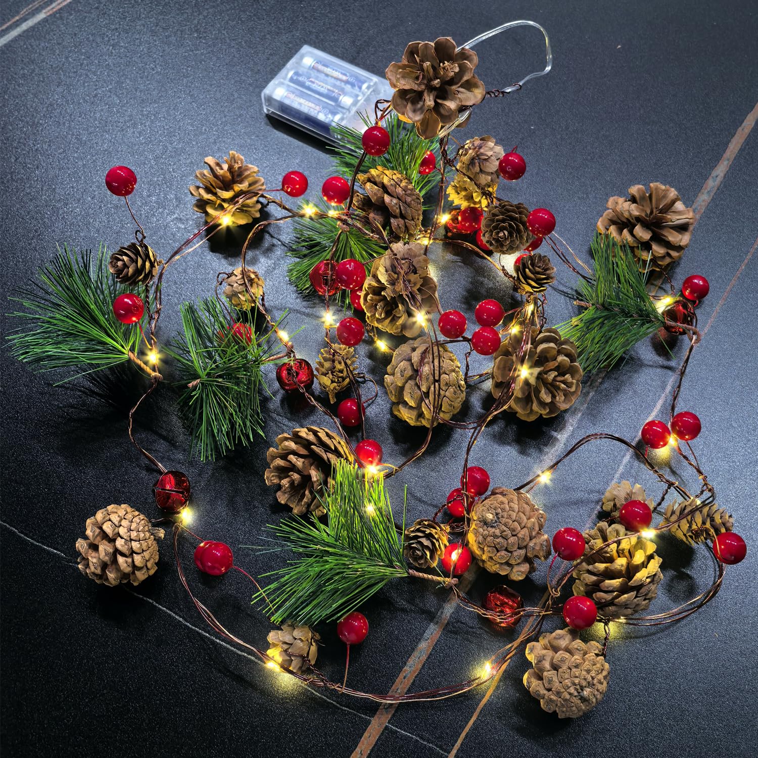 Rness Christmas Decorations Garland Lights,9.8FT/3M 103 Pcs Pine Cones Jingle Bells Berries Copper Fairy Lights 3 AA Batteries Operated, 60LED 8 Modes Suitable for Xmas Deco Indoor Outdoor(Warm White)