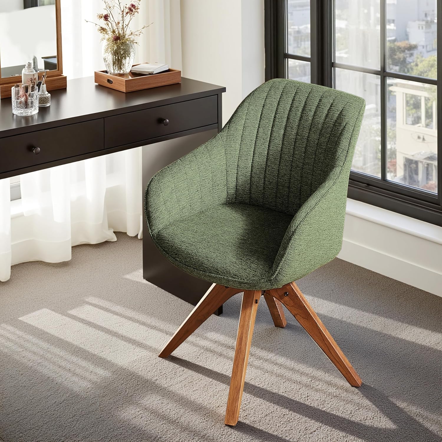 Zouron Mid Century Modern Accent Chair with Wooden Legs, Swivel Desk Chair No Wheels, Upholstered Side Armchair Vanity Chair for Small Space Home Office Living Room Bedroom, Green