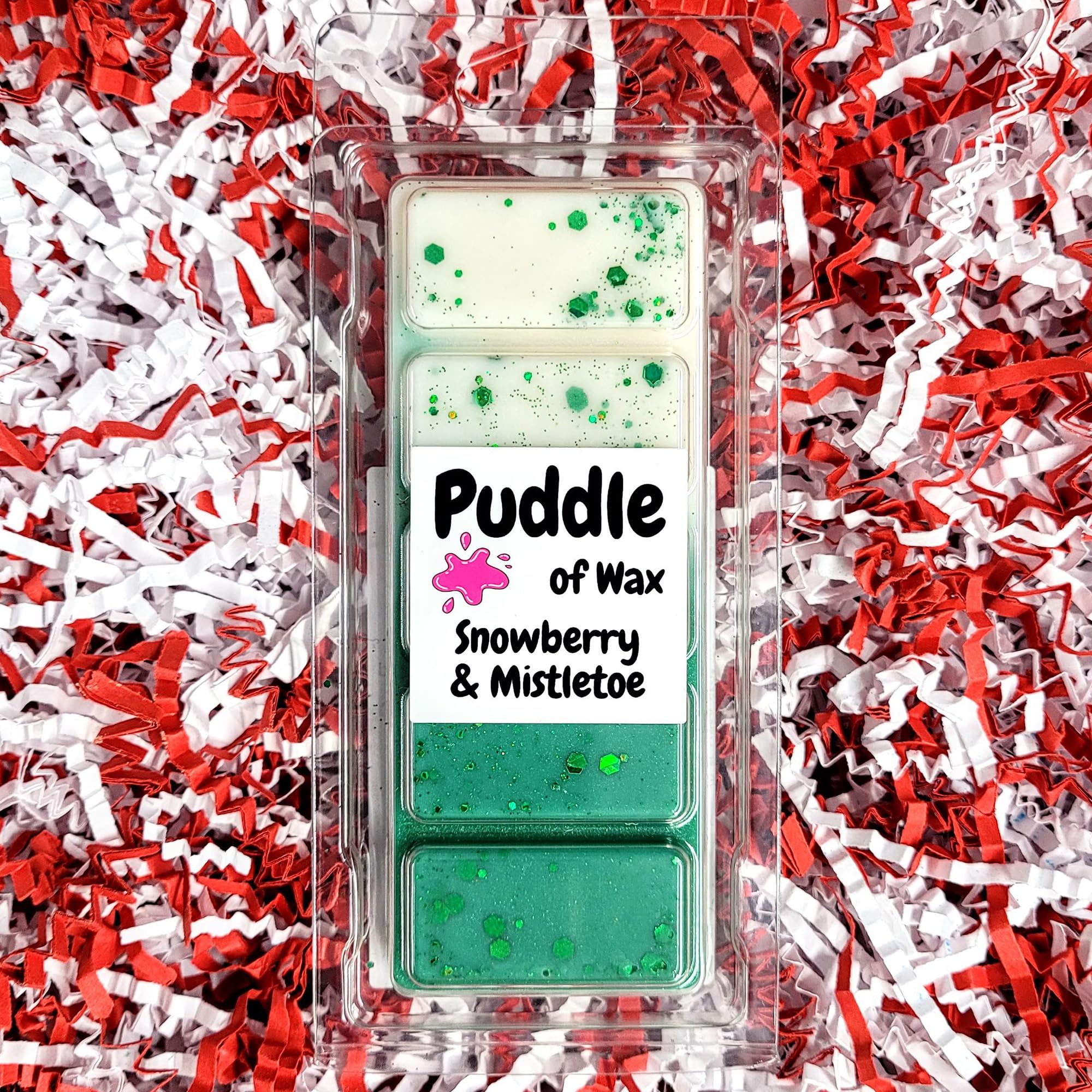 Puddle Of Wax Green & White - Snowberry & Mistletoe Soy Wax Melt Snap Bar - 50G - Christmas Scent - Vegan Friendly - Made In The Uk
