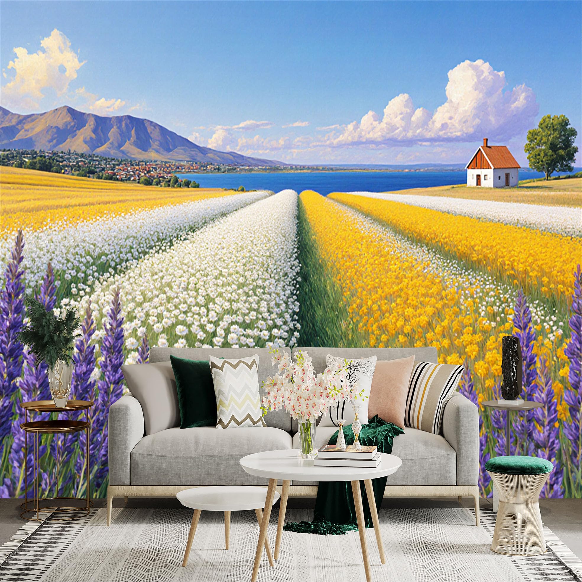 Custom Size Wall Sticker Mural， Scenic Flower Field with Farmhouse， Majestic Mountains and Blue Lake， Vibrant Spring Landscape， for wall Decoration， peelandstick wall Decals.