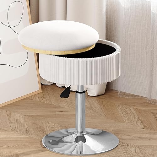 Miniatura 8 de Taburete de tocador ajustable con almacenamiento, moderna silla de tocador de cuero blanco para sala de maquillaje, silla de maquillaje giratoria de
