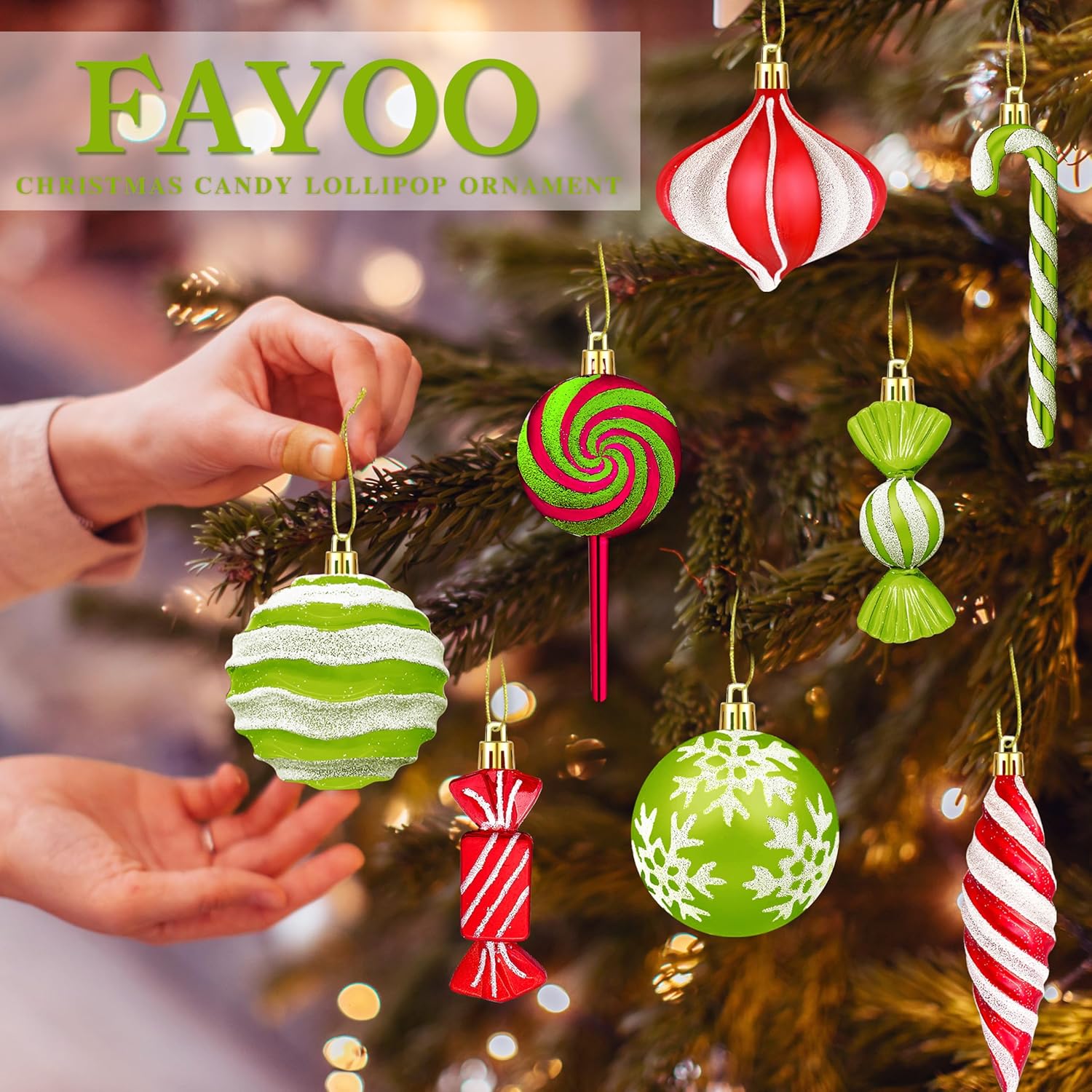 Christmas Ornaments Candy Lollipop Set -48Pcs for Xmas Tree Decoration Hanging Plastic Gloss Candy Canes Ball Pendants for New Year Home Decor Party Supplies (Red White Green)