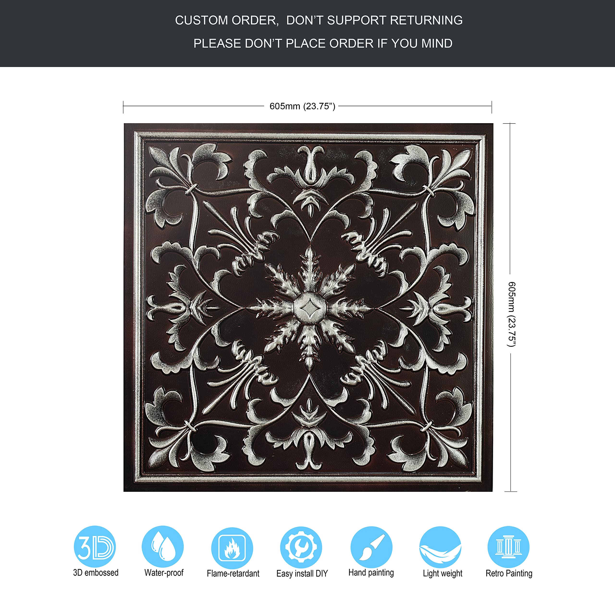 Panel de PVC para decoración de paredes，Decoración de arte con azulejos de techo de hojalata，(PVC de 24"x24")，PL70 Plata tradicional 10piezas