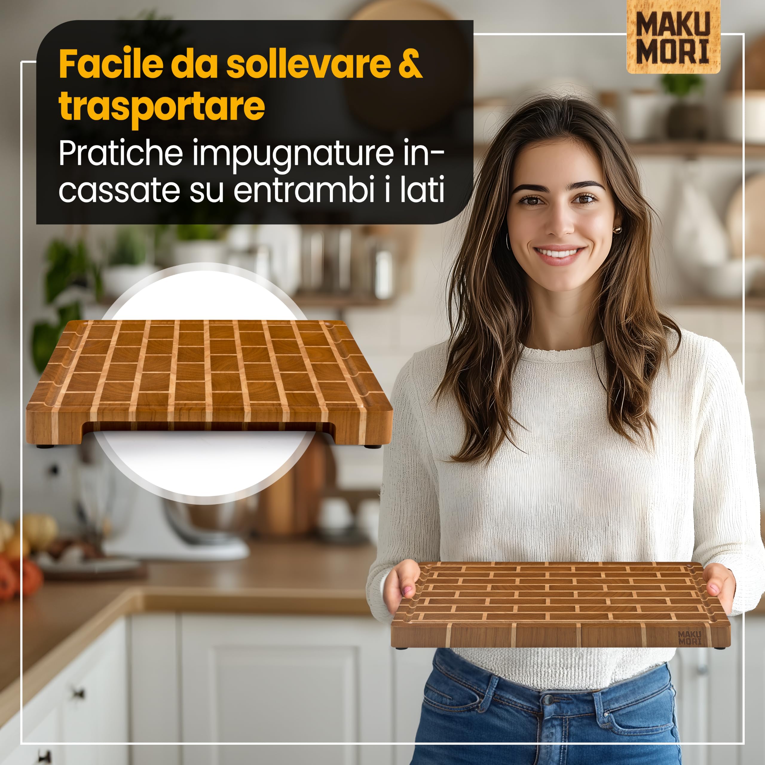 Premium Tagliere Legno di Testa 40x29x3cm Ladrillo Oscuro | Tagliere da cucina in hevea carbonizzato; FSC®; scanalatura per succhi; ampi manici; piedini in gomma antiscivolo