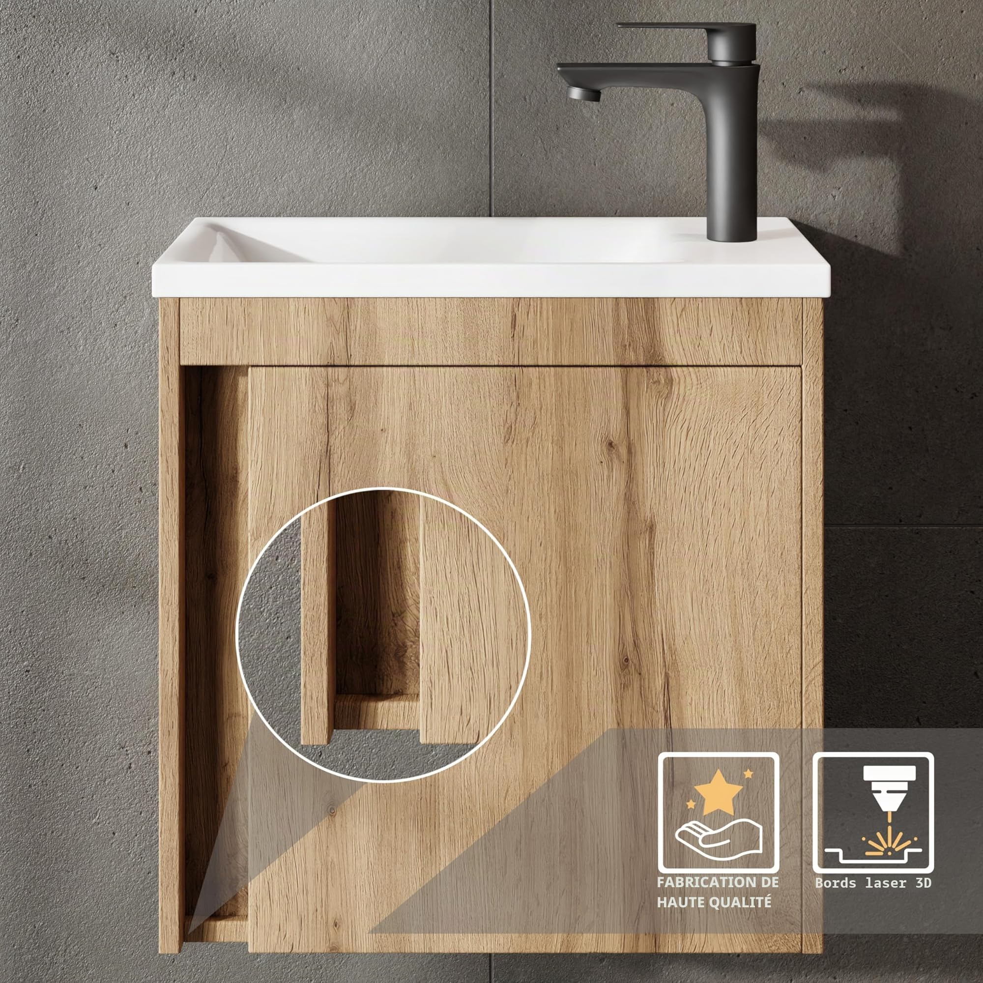 Planetmöbel Ensemble de Meubles de Salle de Bain 2 pièces Lavabo avec Meuble sous Vasque 50 x 48,3 x 24,8 cm Chêne Wotan, Meuble sous lavabo avec Vasque à Poser Blanche