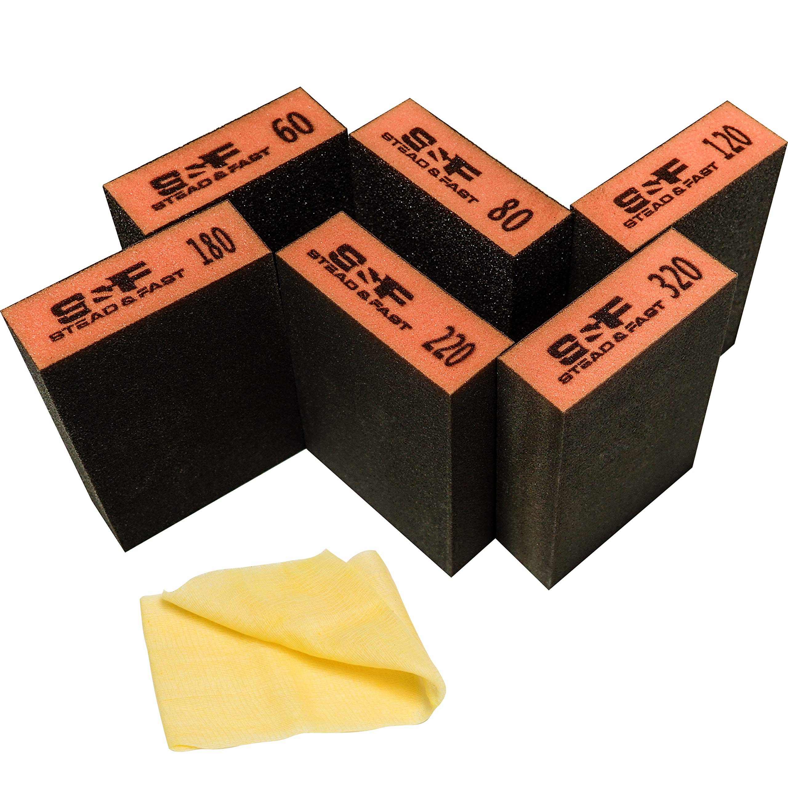 S&F STEAD & FAST Sanding Sponge for Wet and Dry Sanding, 60 80 120 180 220 320 Coarse Medium Fine grit, Washable Reusable Sponge for Drywall Metal Wood, Sandpaper Sponge 6 Pcs - Tack Cloth Bundle