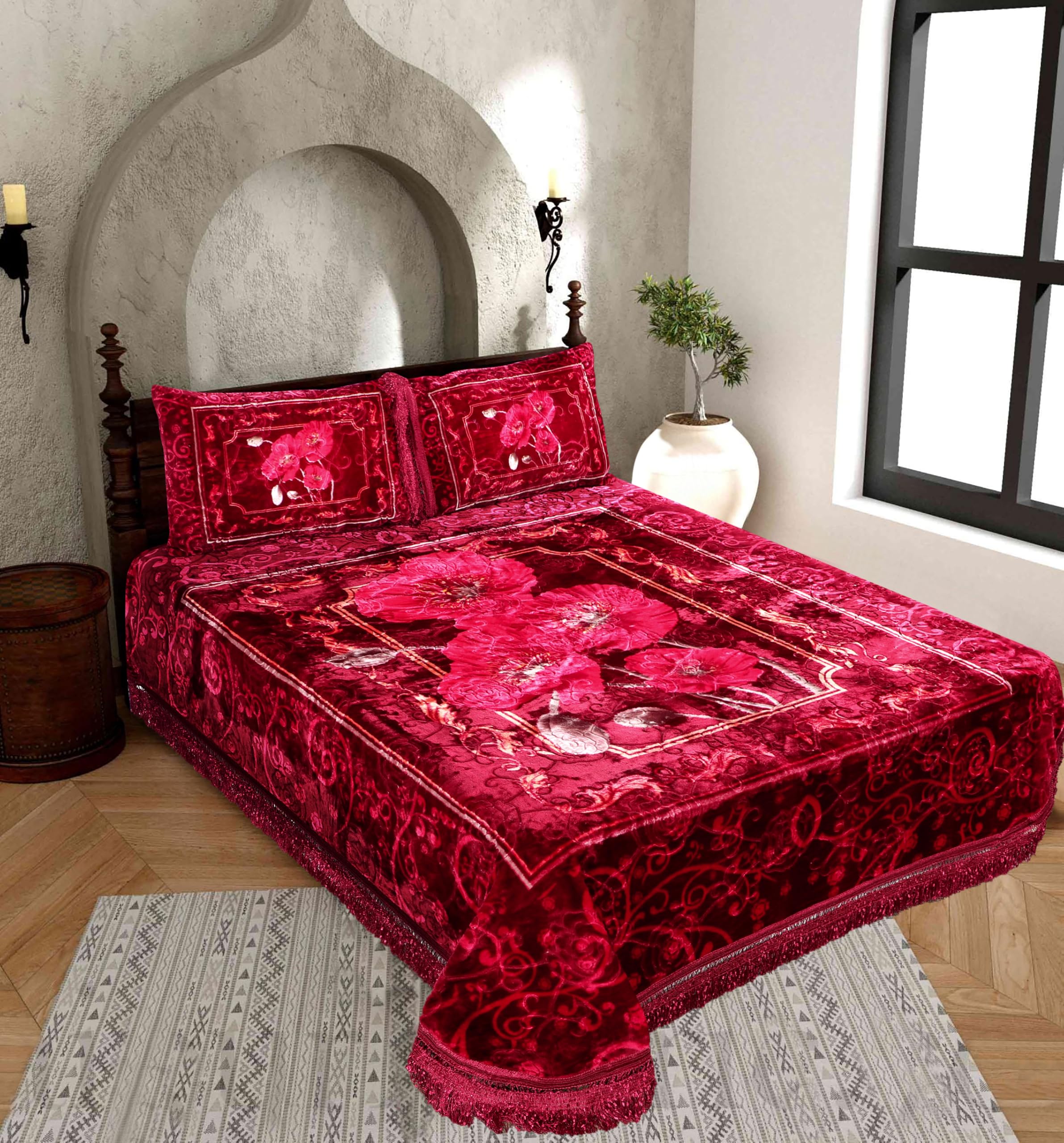 Bridal Bedsheet Set with 2 Pillow Covers for Wedding, Velvet, King Size Double Bed (Scarlet Bloom)-image-47