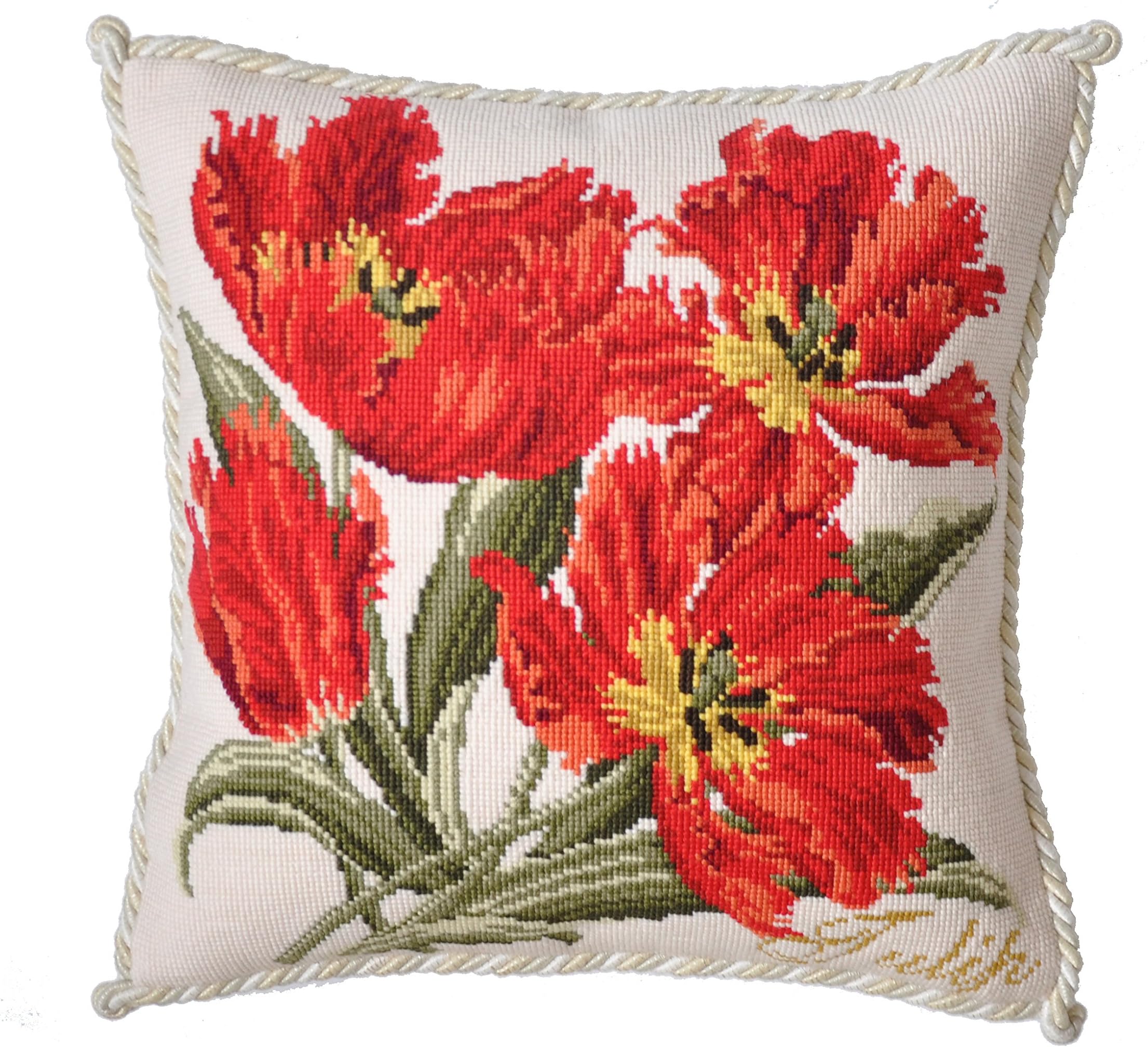 Tulips Needlepoint Kit by Elizabeth Bradley. A premium English needlepoint pillow project on a Winter White background with 100% wool yarns. Cottage Garden Collection.