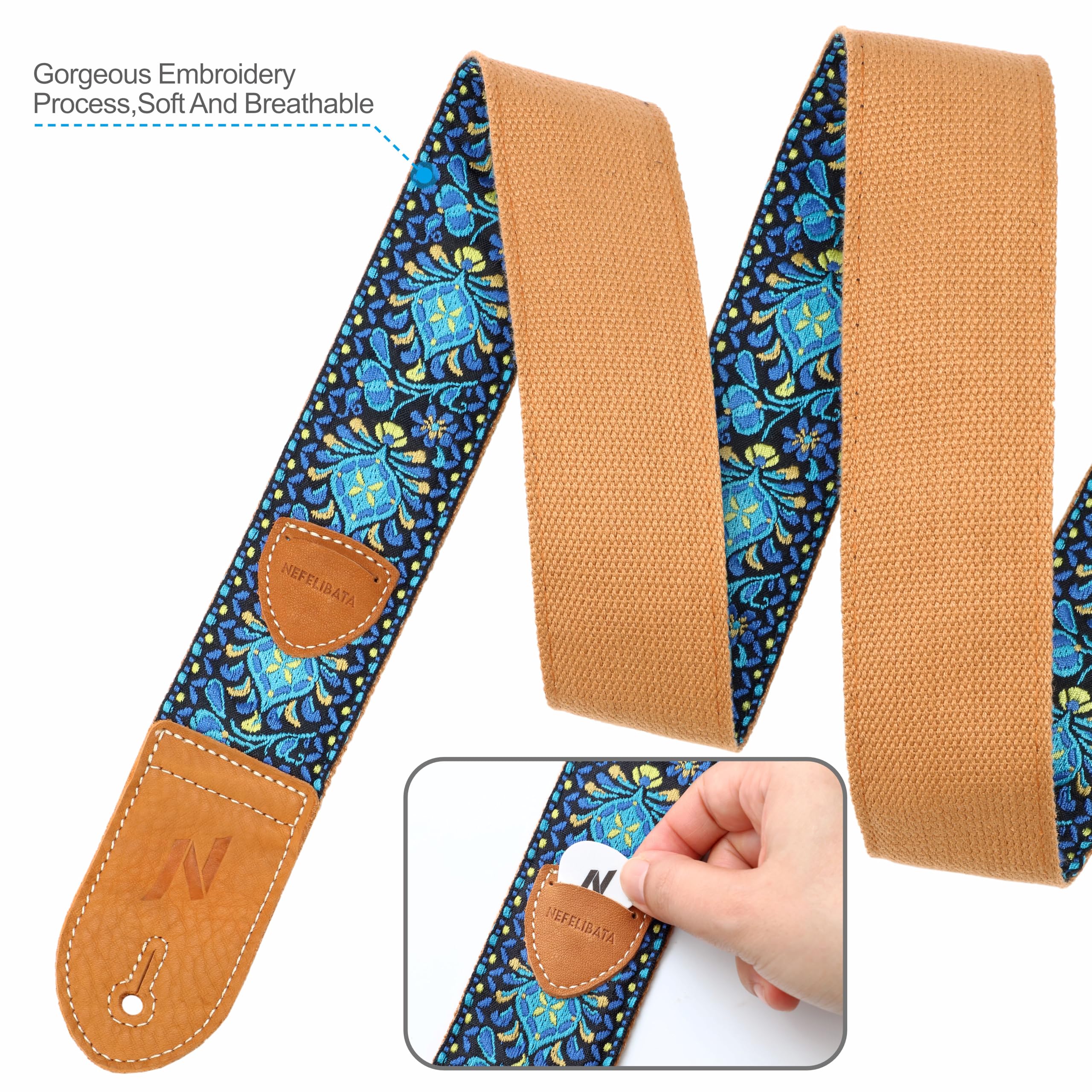 Nefelibata Sangle de guitare, double extrémités en cuir, tissé vintage avec 4 médiators + verrous de sangle + bouton de sangle