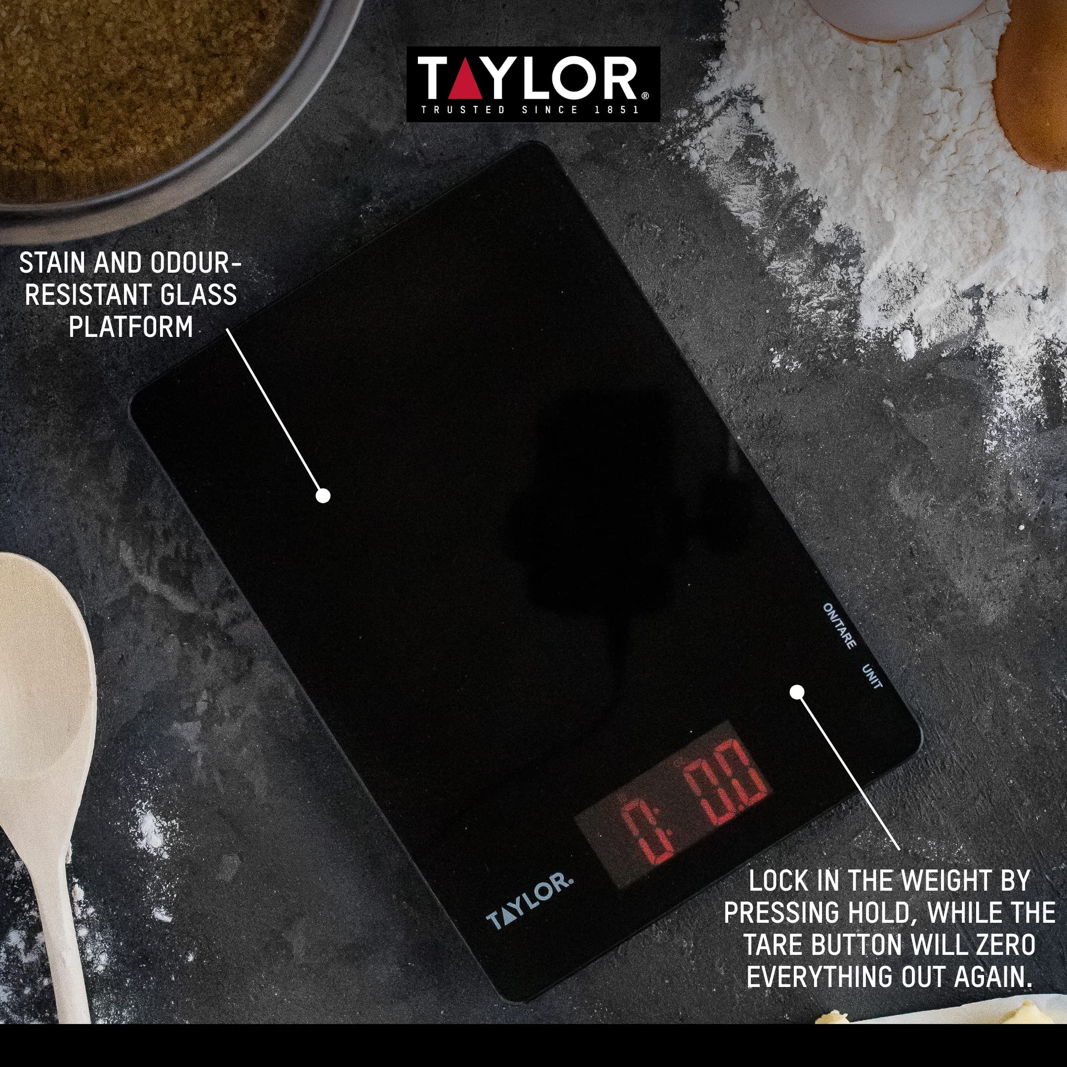 Taylor Pro Balances de Cuisine Numériques, Compactes Ultra Fines Standard Professionnel avec Fonction Tare et Précision, Verre Noir, 5 kg de Capacité