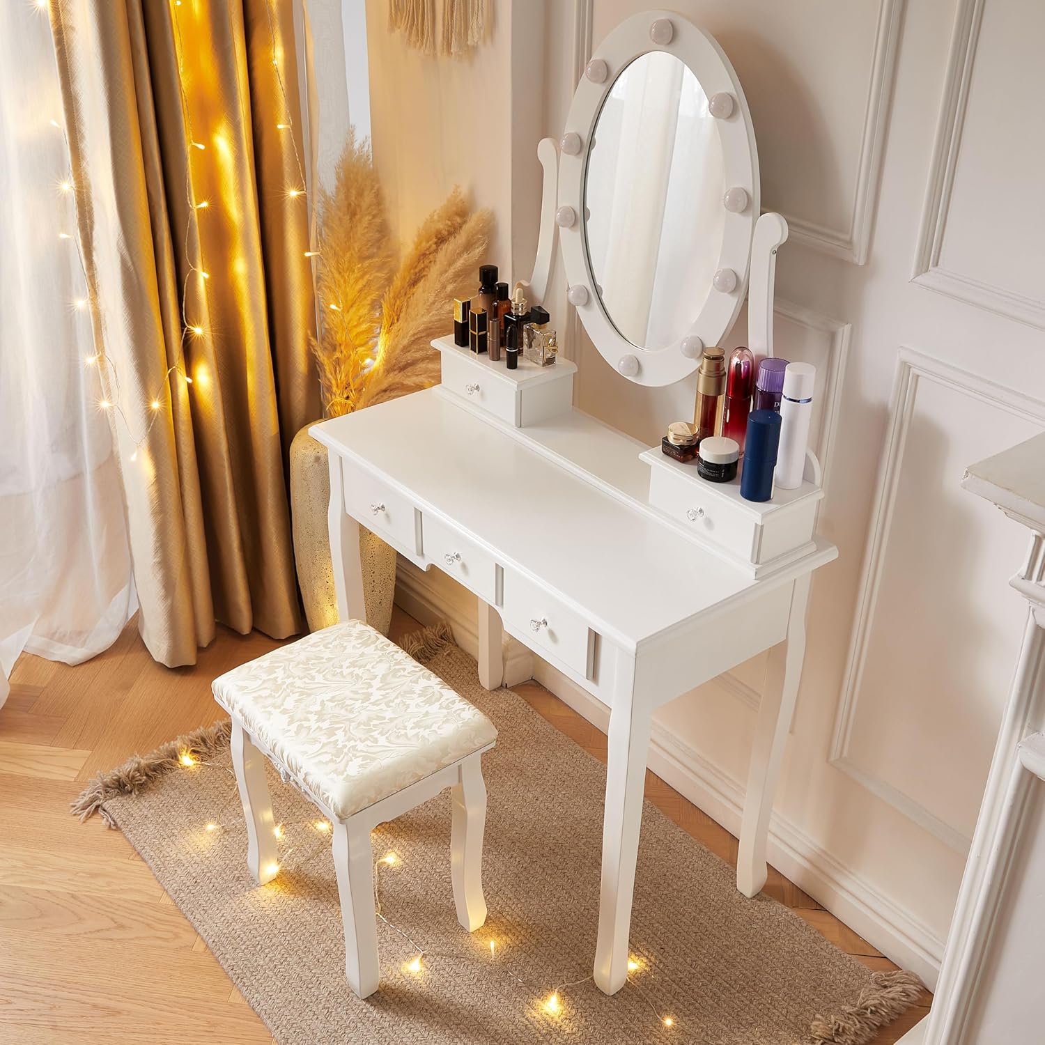 White Vanity Desk with Lights, Small Makeup Vanity with