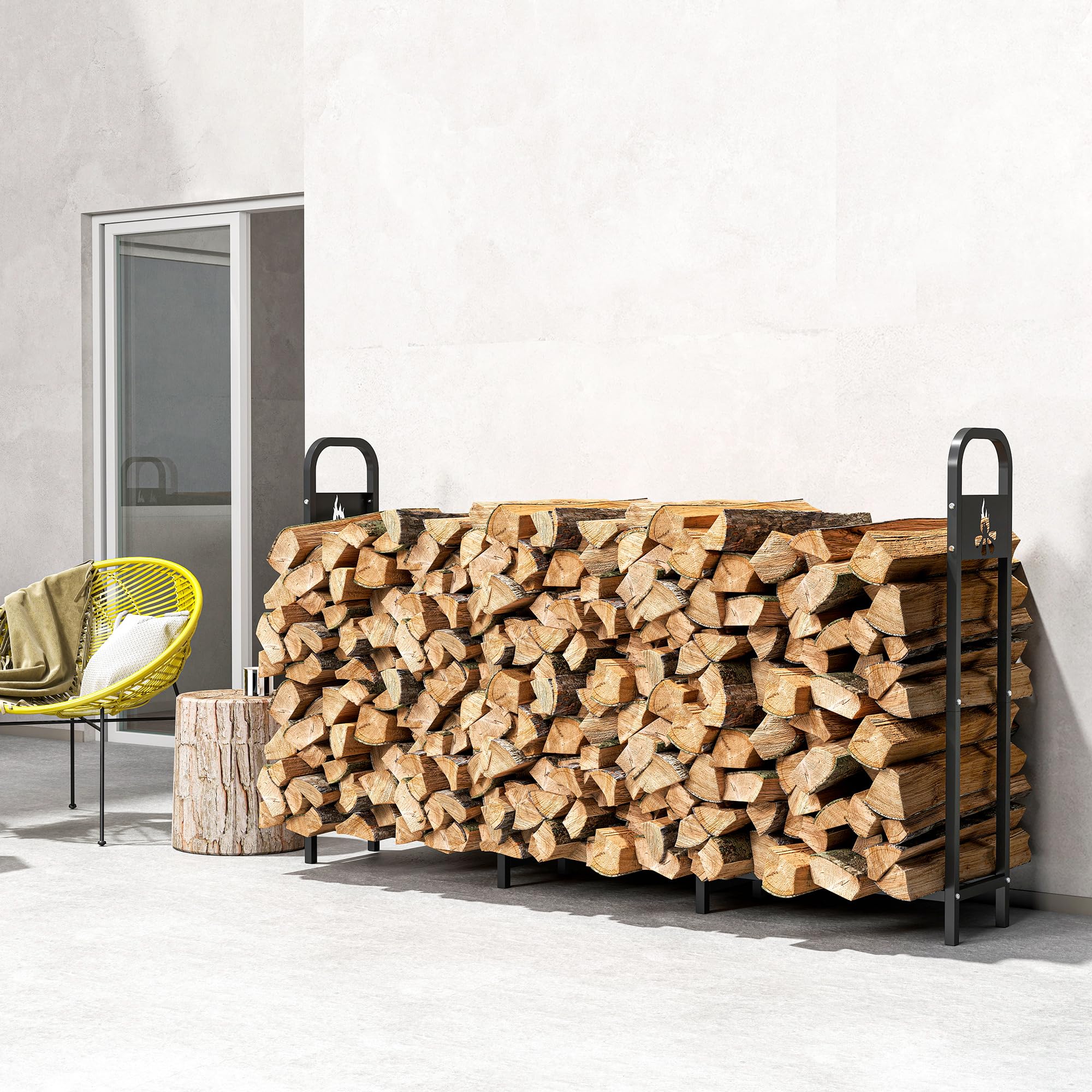 Outsunny Estante de Leña Metálico, 200x30x120 cm, Carga 300 kg, Leñero Exterior con Marco de Acero, Patas Extra Reforzadas y Diseño Recortado de Fogata, Soporte para Leña de Chimenea, para Jardín