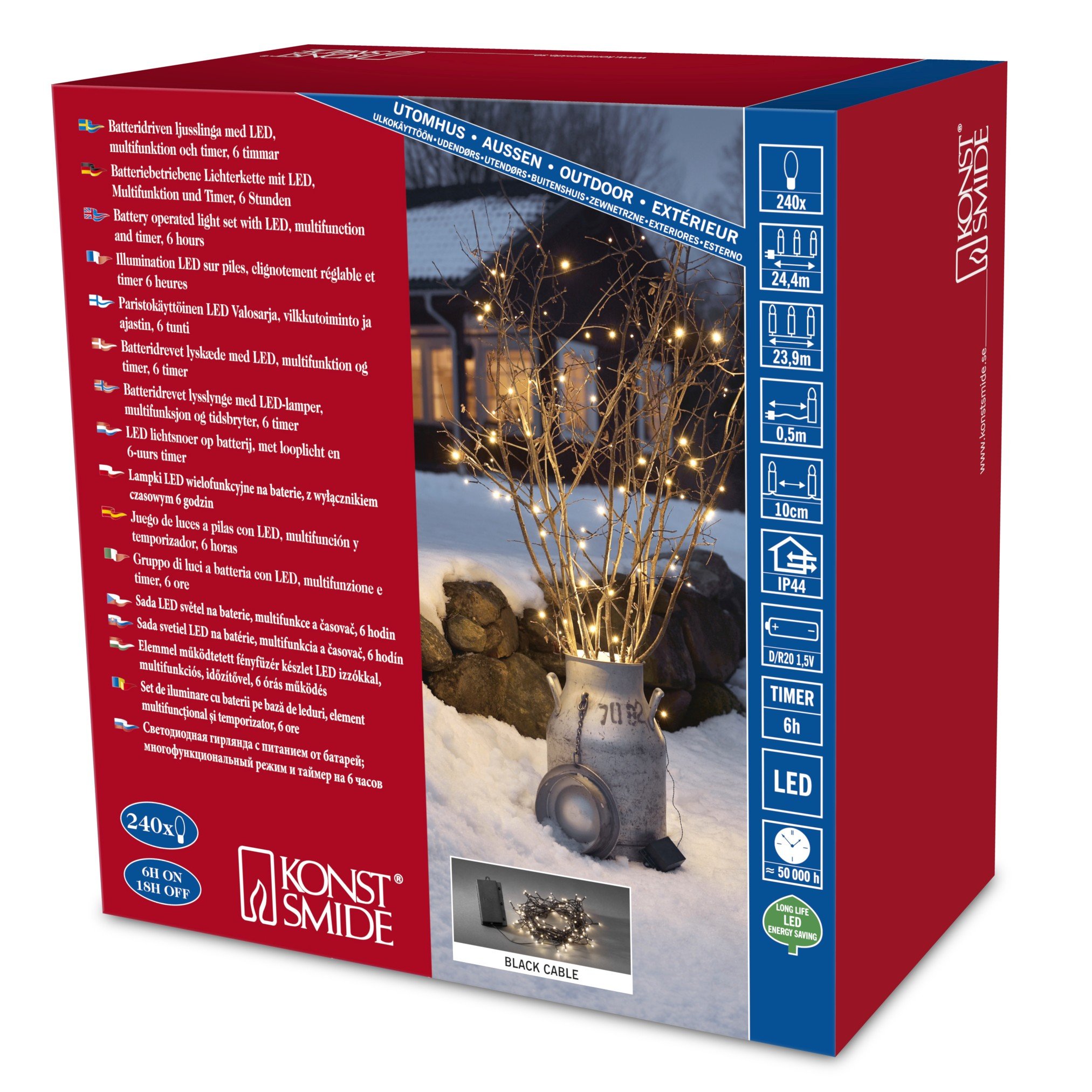 Konstsmide LED Lichterkette, mit an/aus Schalter und 6h Timer, 8 Funktionen und Memoryfunktion, 240 warm weiße Dioden, batteriebetrieben, Außen (IP44), schwarzes Kabel, 4 x D 1.5V (exkl.) - 3733-100