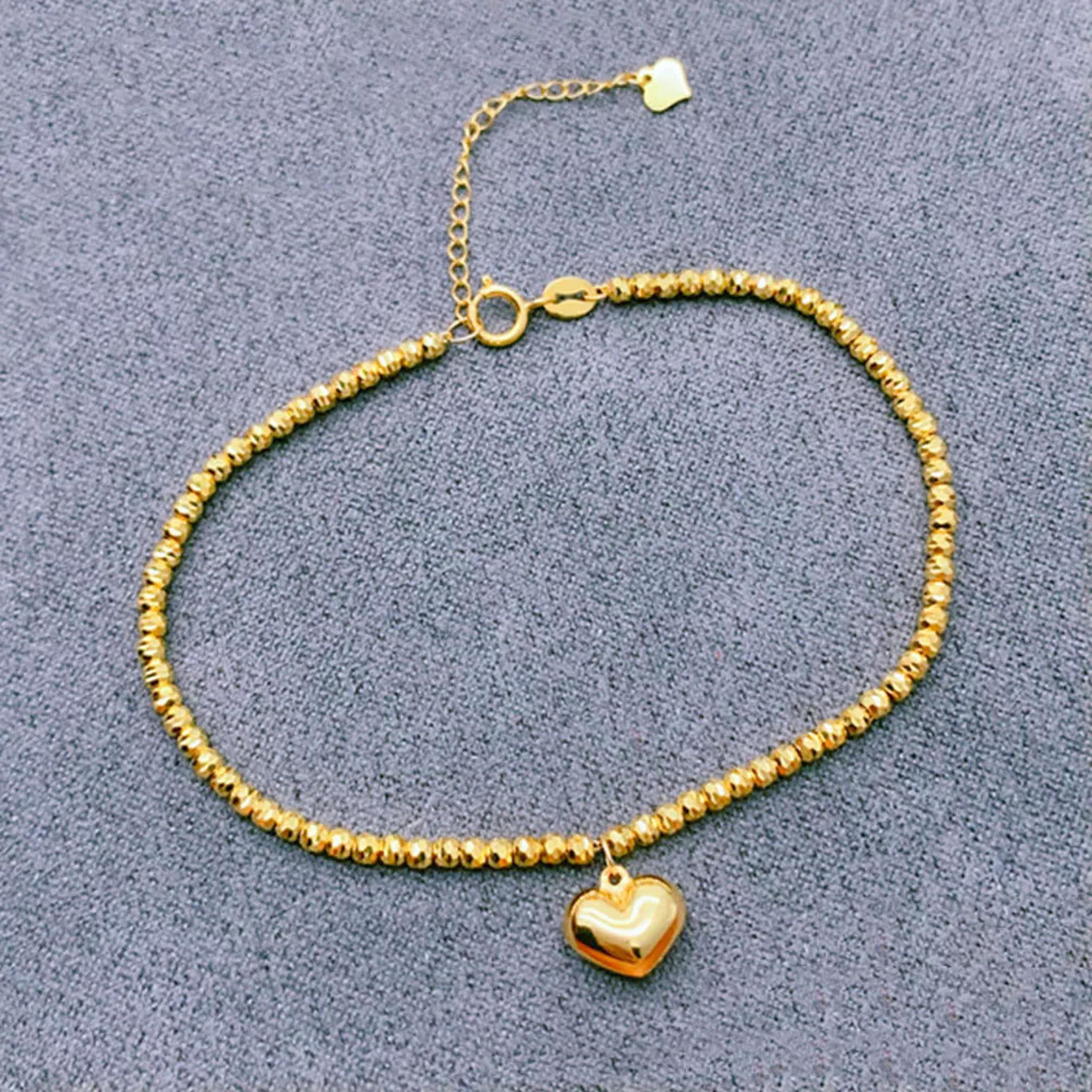 Pulsera de Cadena de eslabones con Dije de corazón y Cuentas de 1,8 mm de Ancho en Oro Amarillo Real de 18 Quilates