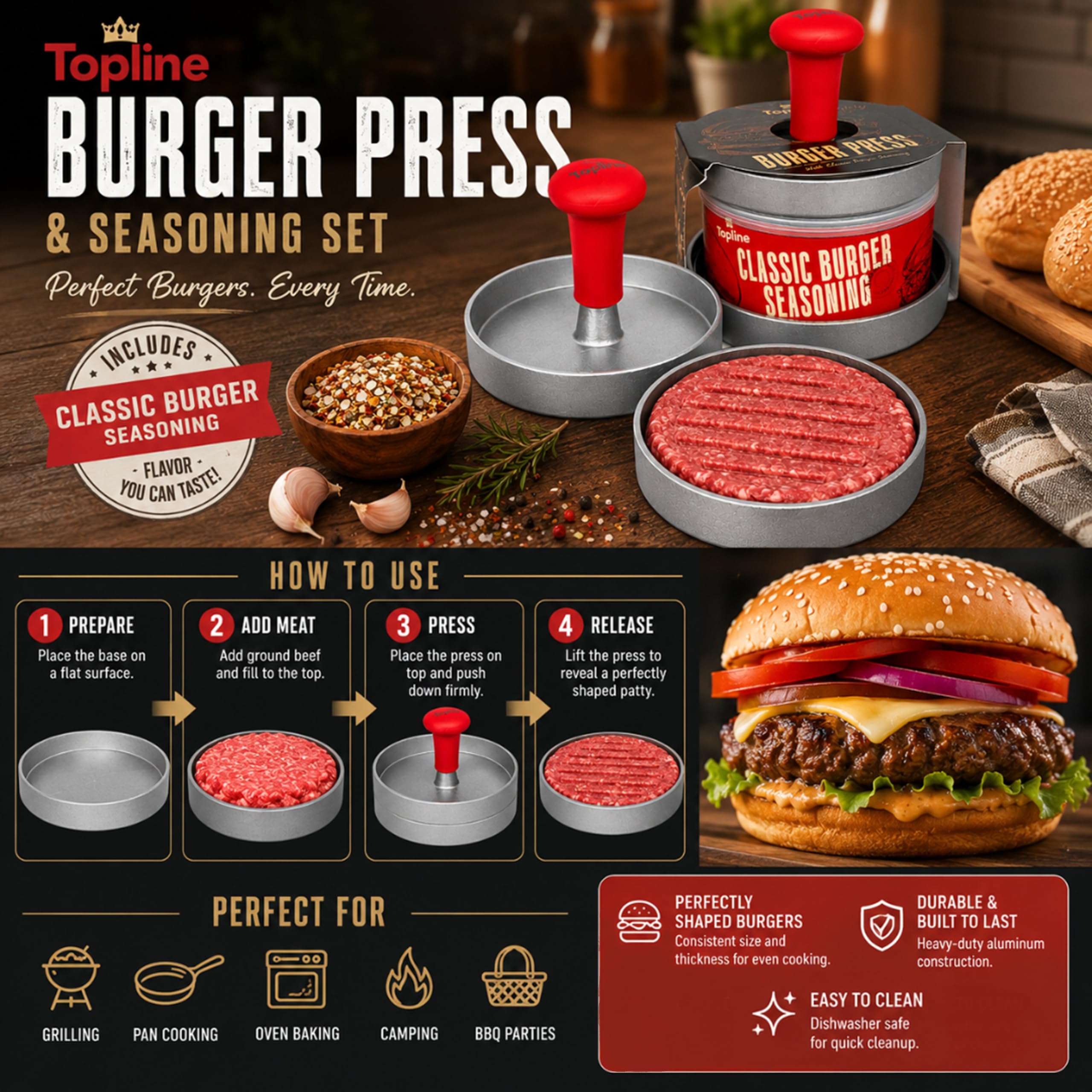 Pressa per hamburger e condimento classico, set per hamburger con condimento per hamburger gourmet, perfetto strumento per barbecue e set di spezie per hamburger fatti in casa, regalo per gli amanti