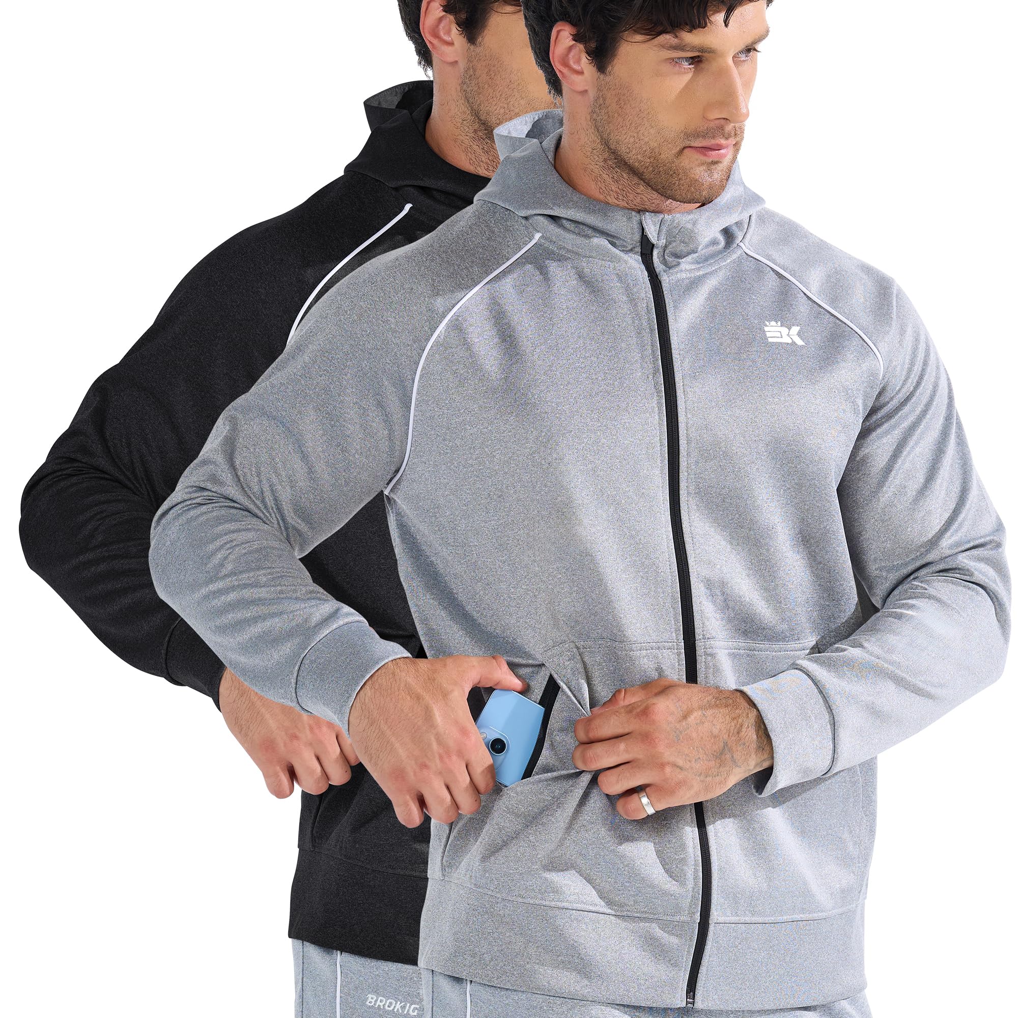 BROKIG Sweat à Capuche Sport Homme Veste Running Homme Zip | Veste Course a Pied Sportswear, Sweat Capuche Survêtement Elastique, Veste Sport Extérieur Homme, Hoodie Homme Poches Zippées