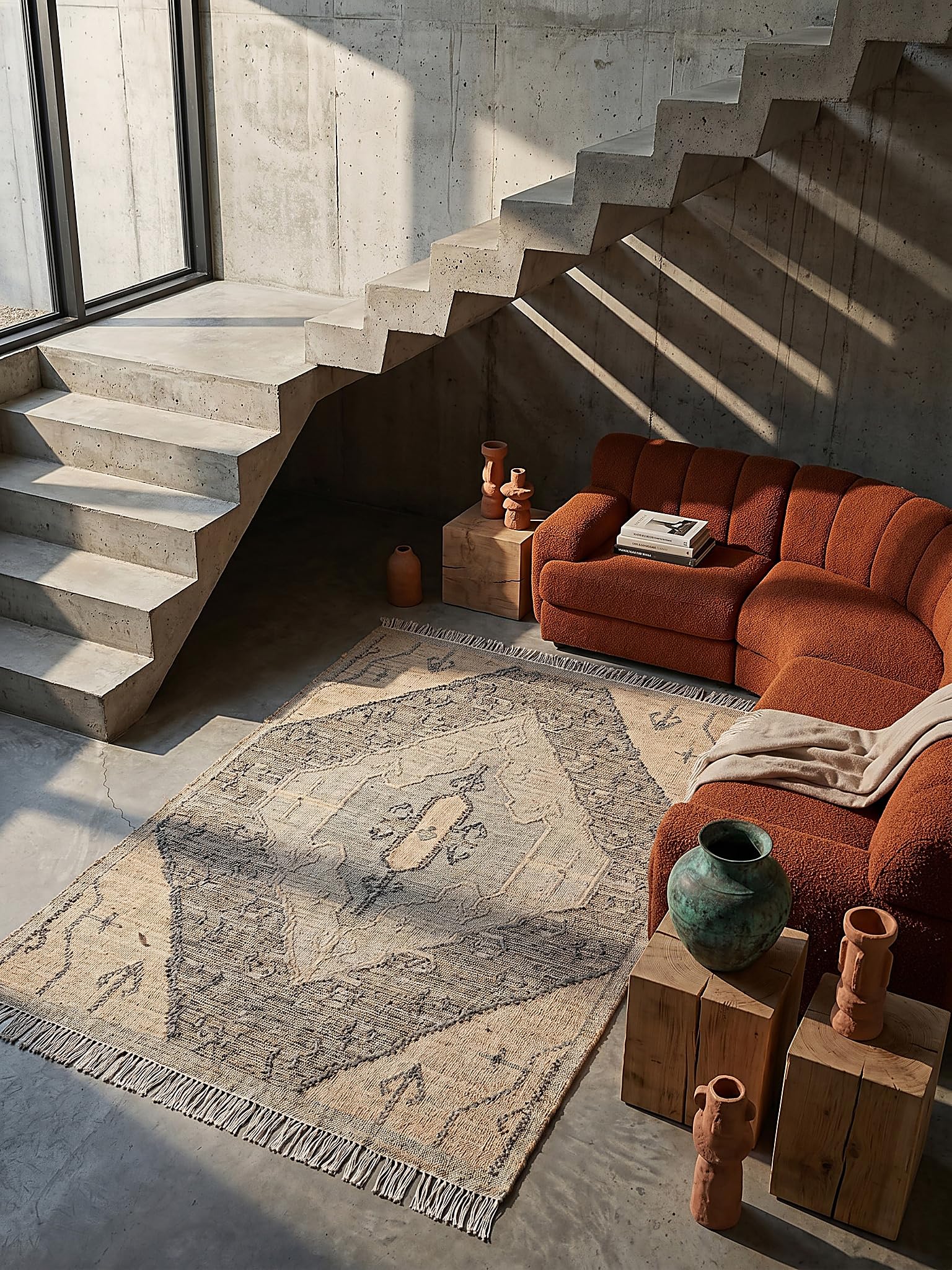 Tapis Tissé Plat Motif Abstrait Structure Plate Naturel 140 x 200 cm Entrée Cuisine | BERMEO