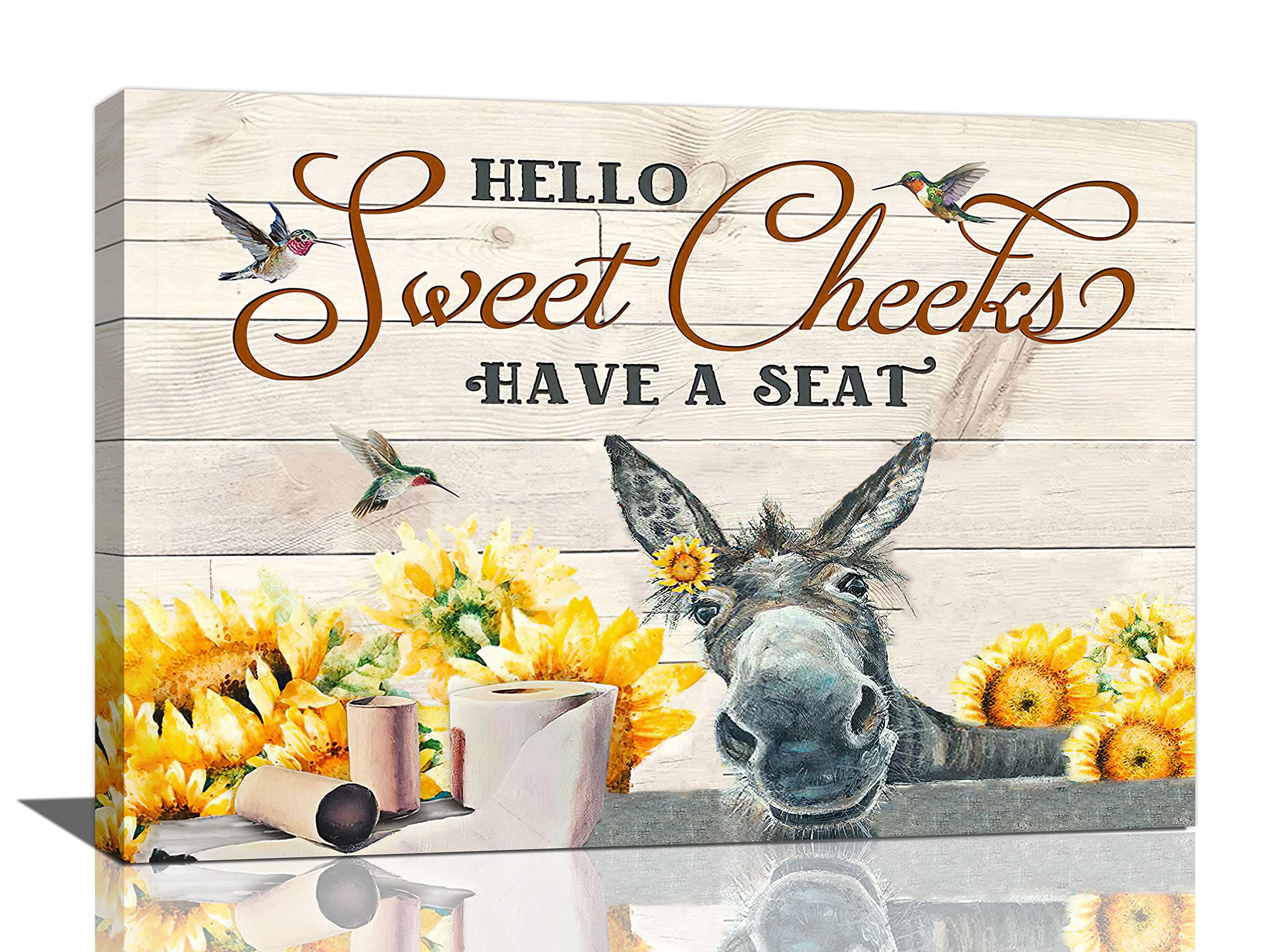 Farmhouse Donkey Wall Art for Bathroom Funny Donkey Birds Wall Decor Have a Seat Sunflower Pictures Print Painting Rustic Farm Flower Framed Artwork Canvas Home Decor for Bedroom Living Room 16"x24"