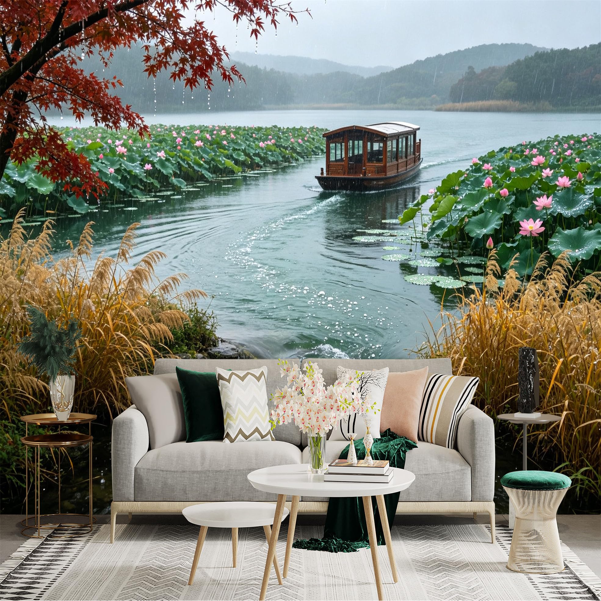 Custom Size Wall Sticker Mural， Rainy Lake Scenery， Traditional Wooden Boat， Blooming Pink Lotus Flowers， Serene Nature Landscape， for wall Decoration， peelandstick wall Decals.