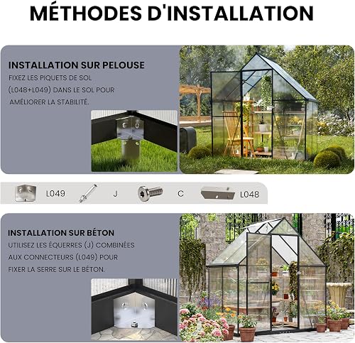 ALAULM 6 x 4ft Polycarbonate Greenhouse, Large Walk-in Garden Greenhouse with Lockable Door, Gabled Roof & Dual-Side Rain Gutters for Plants, Patio, Backyard(Black) - 5