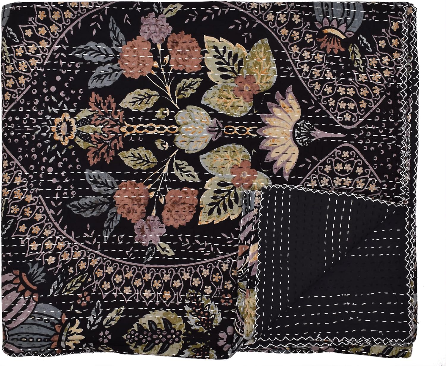 King Size Kantha Quilt Cotton Handmade Bedspread Black Indian Blanket Bohemian Gudari Floral Bedding Throw