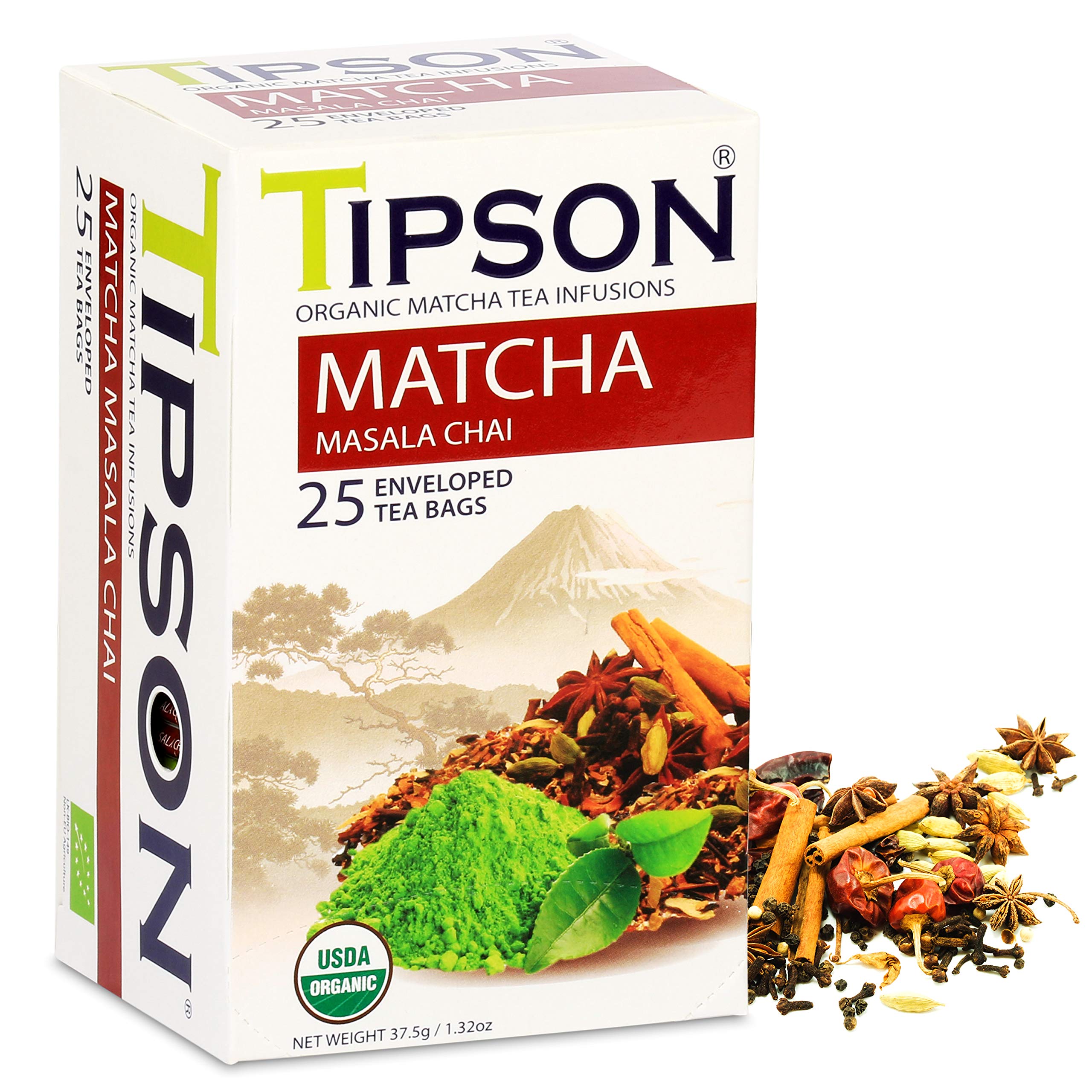 Tipson Organic Matcha Tea Infusions - Matcha Masala Chai - Non GMO and Gluten Free - 25 Premium