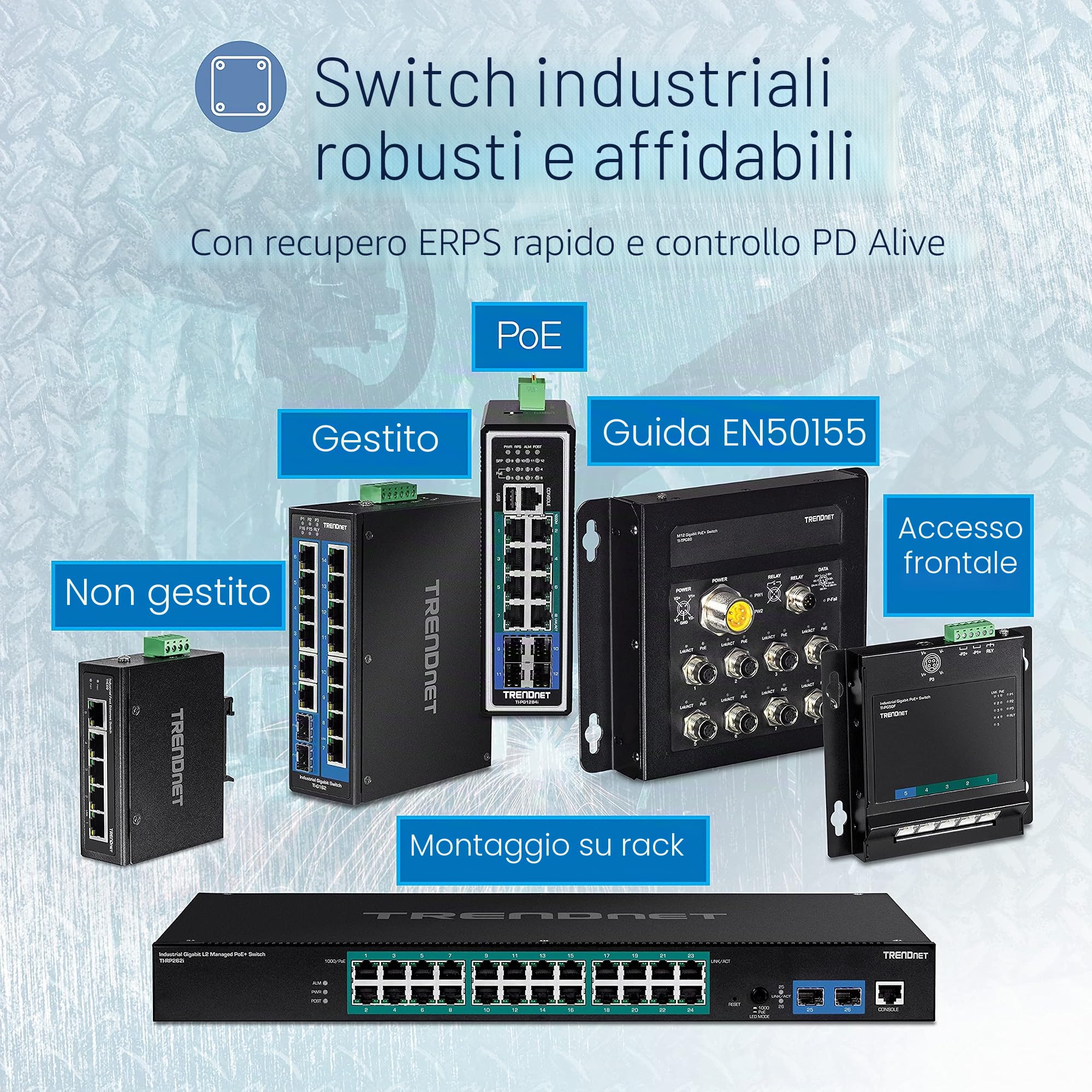 TRENDnet, TI-E50, Switch industriale Fast Ethernet a 5 porte su guida DIN, grado di protezione IP50, intervallo di temperatura operativo estremo, capacità di commutazione di 1 Gbps
