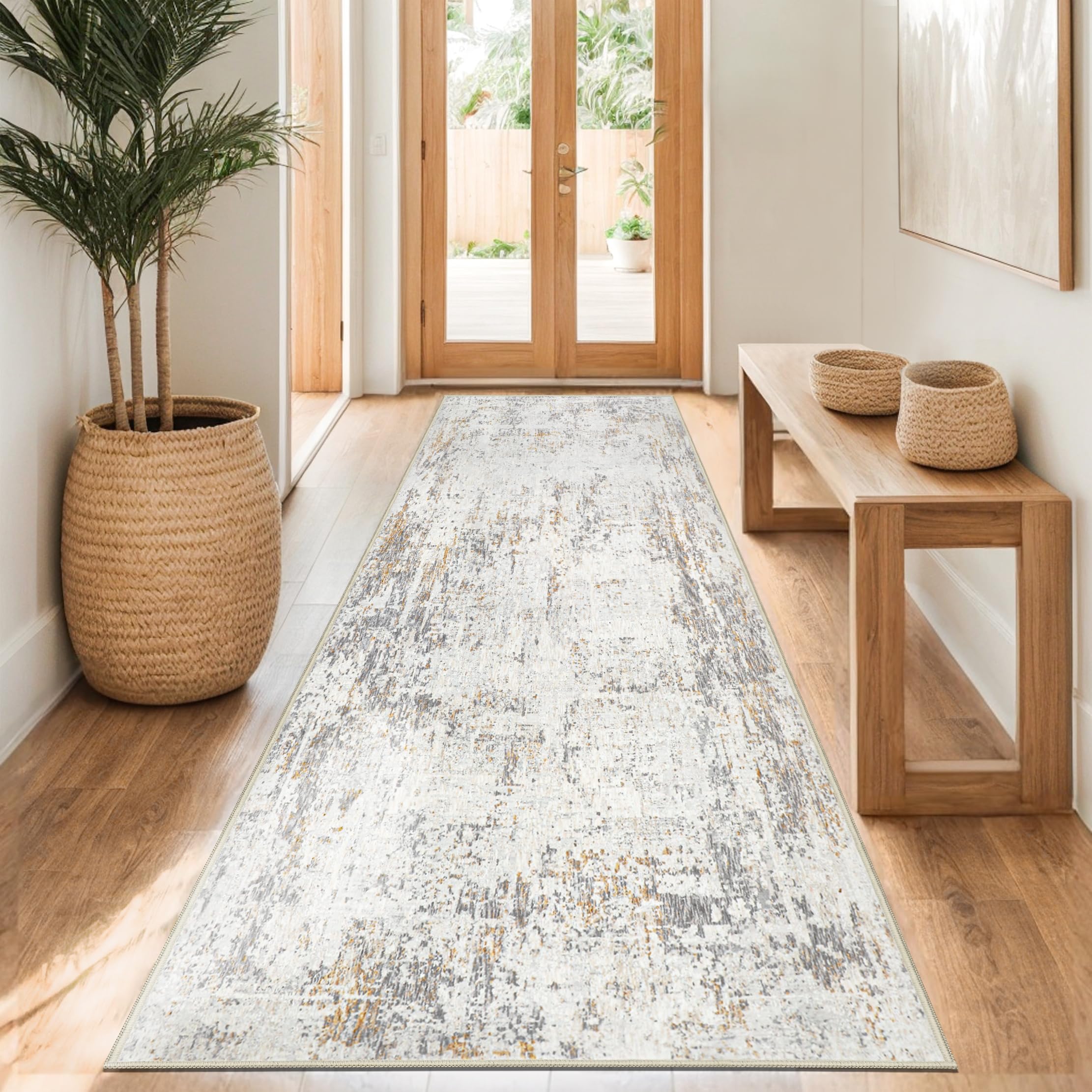 Capslpad Teppich Läufer Flur 80x300cm Beige Abstrakter Waschbar rutschfest Küchenläufer Teppich Modern Minimalistisch Kurzflor Kunstwolle Teppiche für Wohnzimmer Schlafzimmer