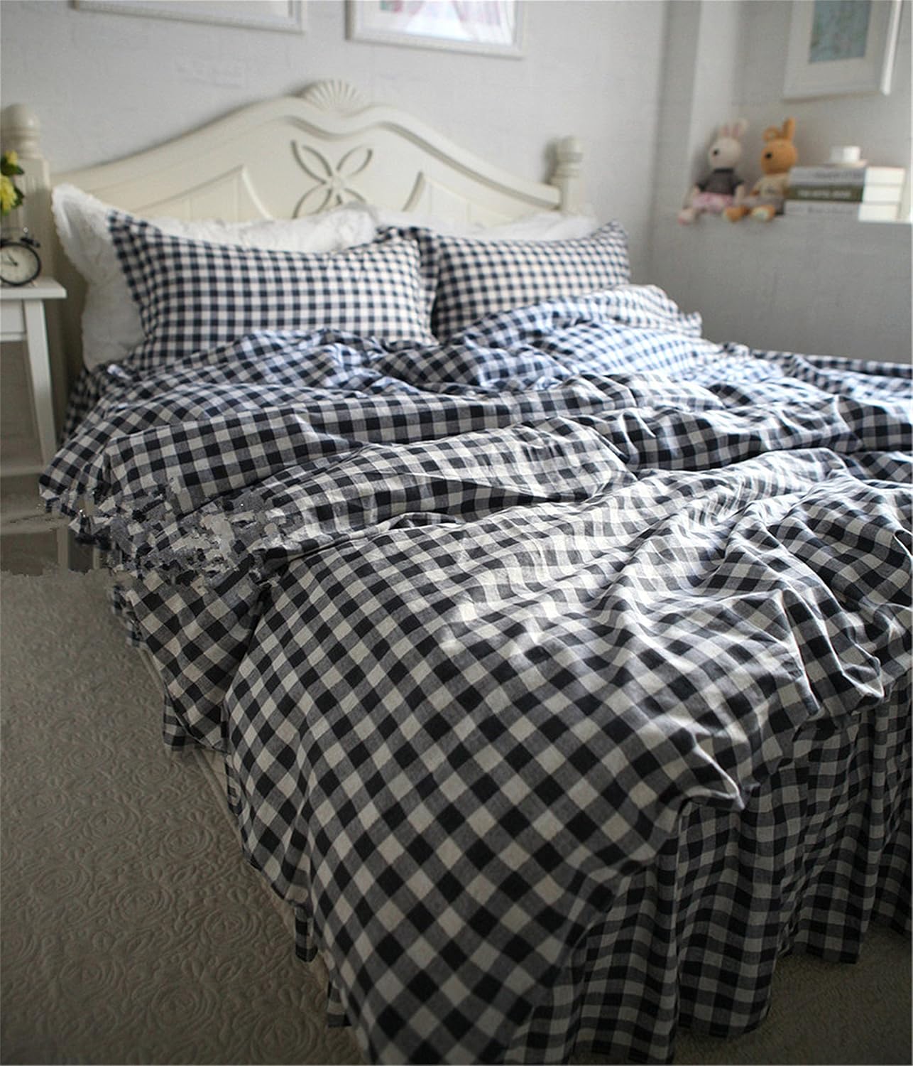 60% Off Discount Lotus Karen Caroline Plaid Girls Bedding Sets Black White Buffalo Checks Bed Set for Girls Korean Style Natural Cotton Princess Bedding (1Duvet Cover/1Bed Skirt/2Pillowcases)