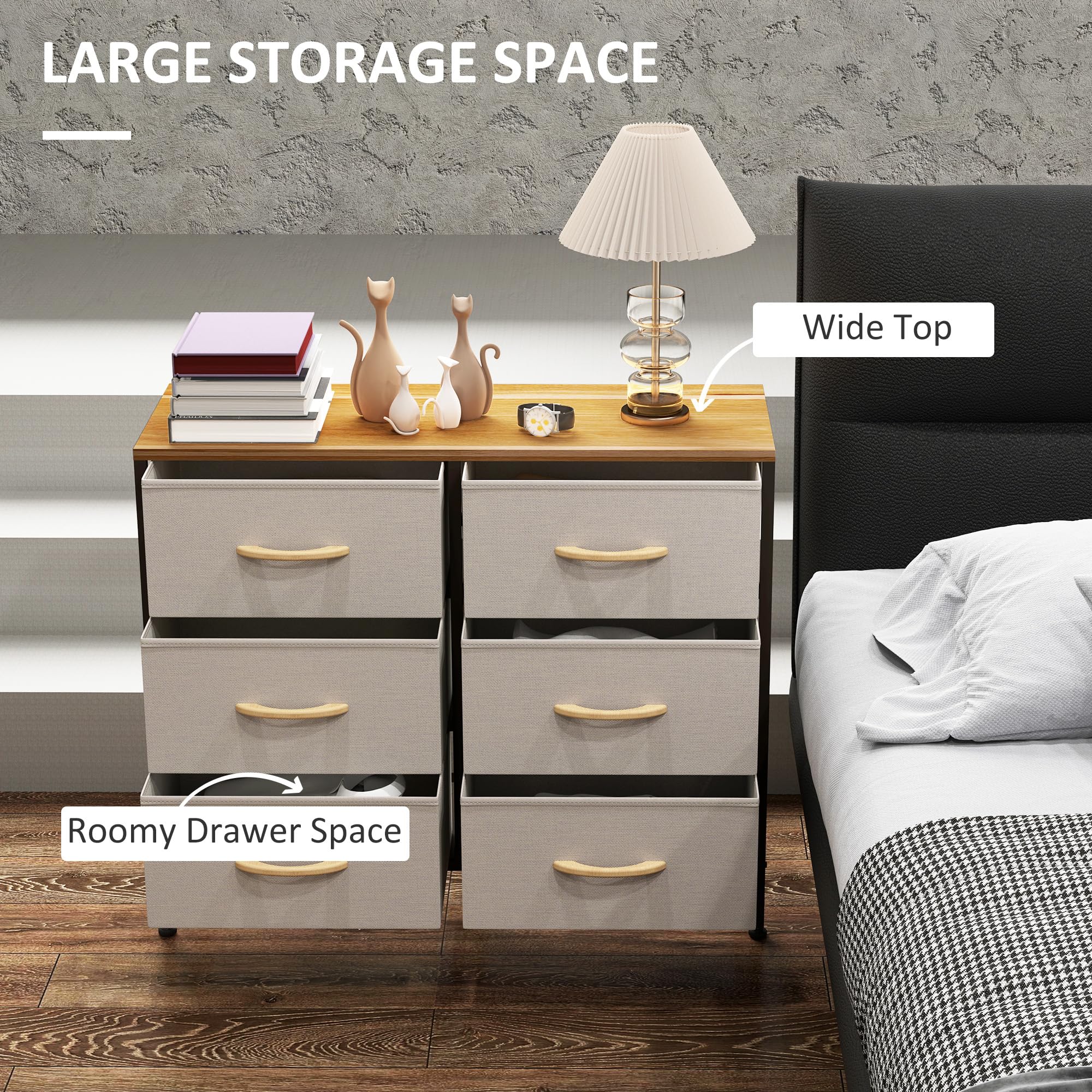 HOMCOM Kommode aus Stoff, industrielle Schlafzimmerkommode mit 6 Stoffschubladen, Stahlrahmen und Holzplatte für Kinderzimmer, Wohnzimmer, Flur, Cremeweiß