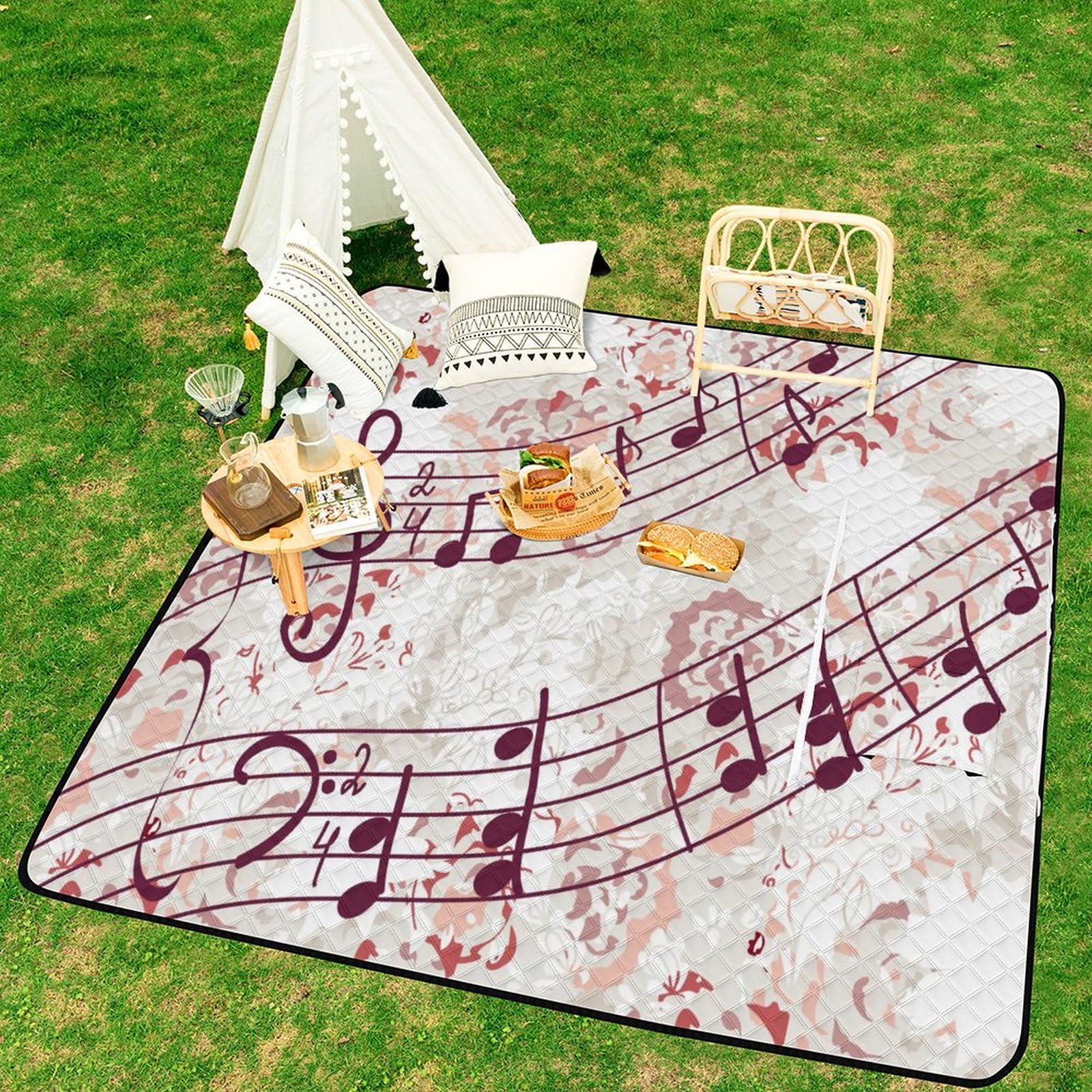 Couverture de pique-nique motif note de musique avec sangle de transport pliable et imperméable pour camping, été, plage, tapis de sable 200 x 200 cm