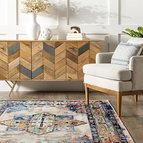 Miniatura 7 de nuLOOM Abby - Alfombra tradicional de medallón lavable a máquina, 2 x 8 pies, color azul