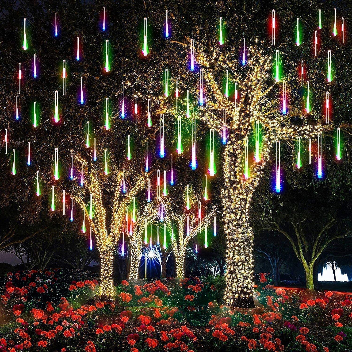 EOANT Meteor Schauer Regenlicht, Solar 360LED im Freien Weihnachten Regenlicht Schneeflocke Eis String Licht 10 Rohre 30cm Weihnachtsgarten Hochzeitsfeier Baum Balkondekoration (Multicolor)