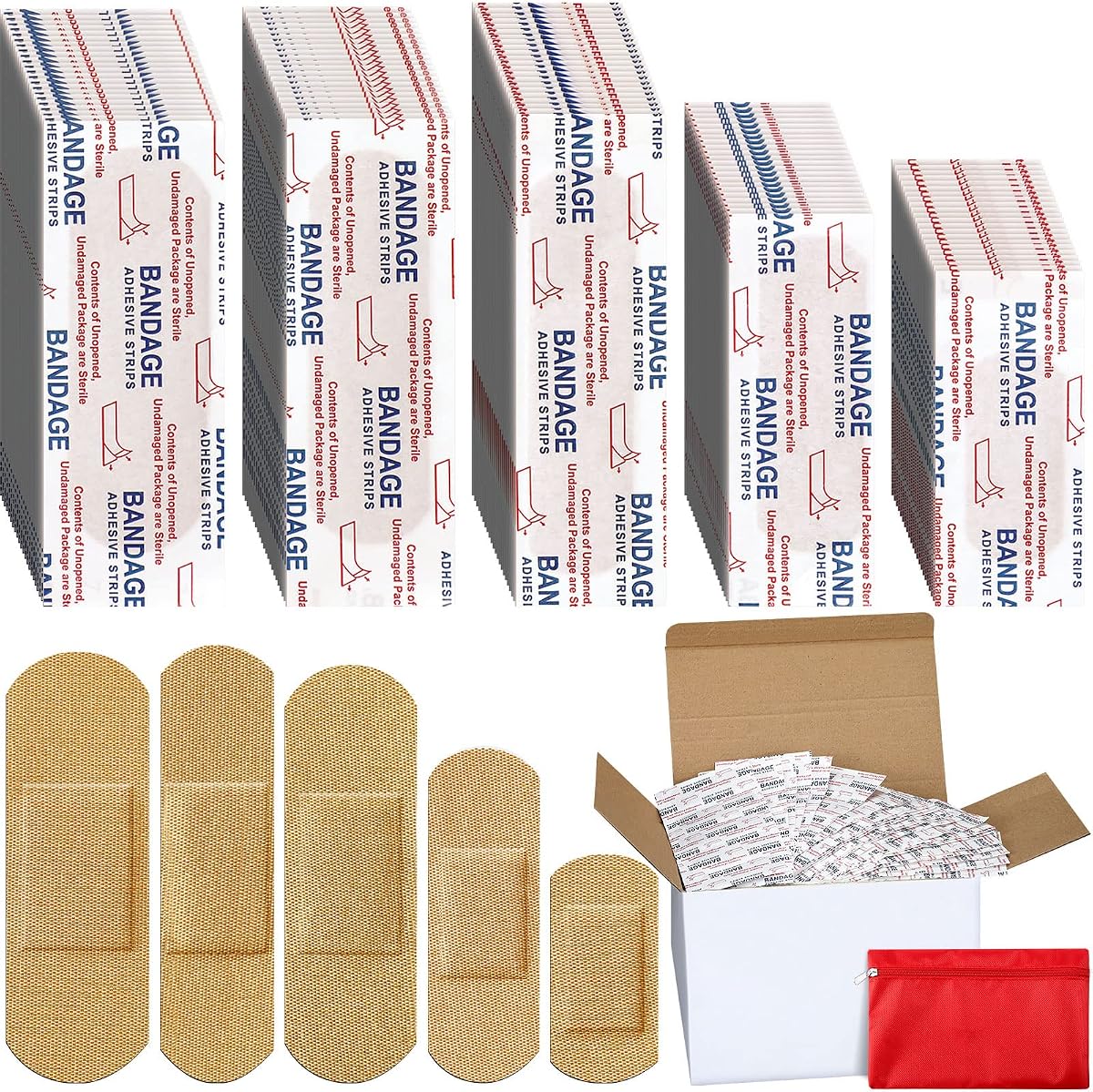 1000 Pcs Fabric Adhesive Bandages Variety Pack Bulk Assorted Sizes Flexible Breathable Patch Fabric Bandages for Family First Aid Skin Wrap Finger Wound, Natural