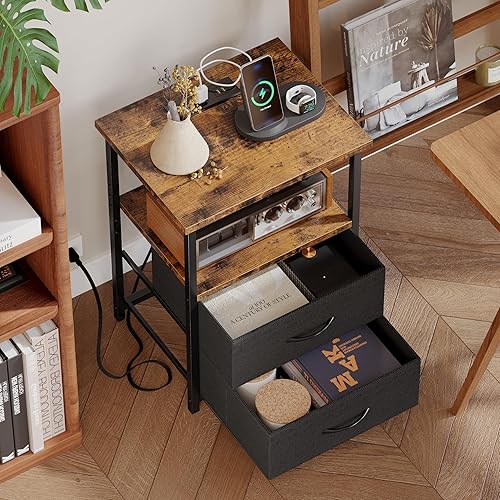 Miniatura 6 de Fixwal Mesita de noche con estación de carga, mesita de noche con cajones de tela, mesita de noche para dormitorio, marrón rústico y negro
