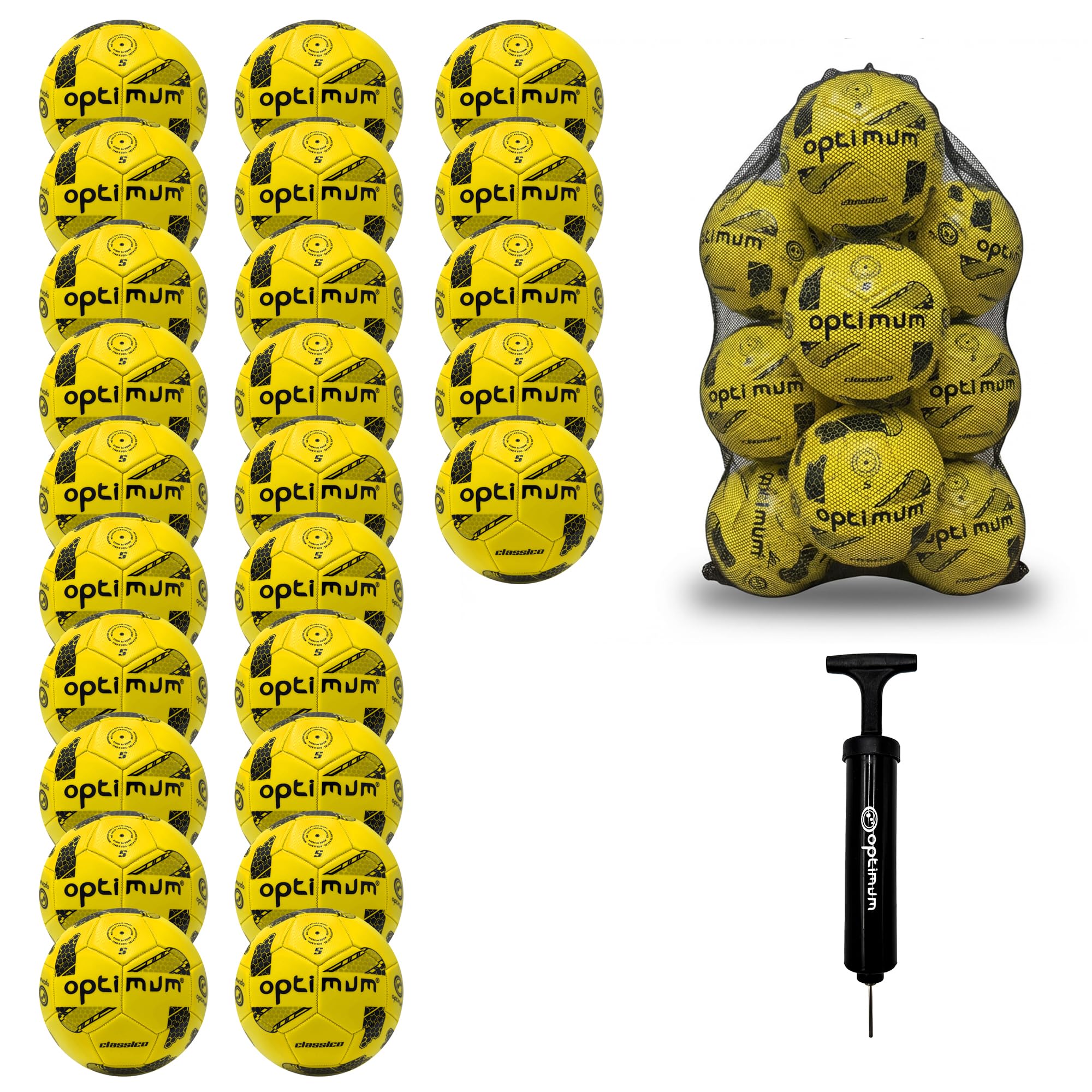 Optimum Sport Classico Football Bulk Pack with Bag & Ball Pump for Indoor/Outdoor Training & Matches, Durable Valve for Consistent Flight & Lasting Air Retention – 25 Pack, Size 4, Yellow