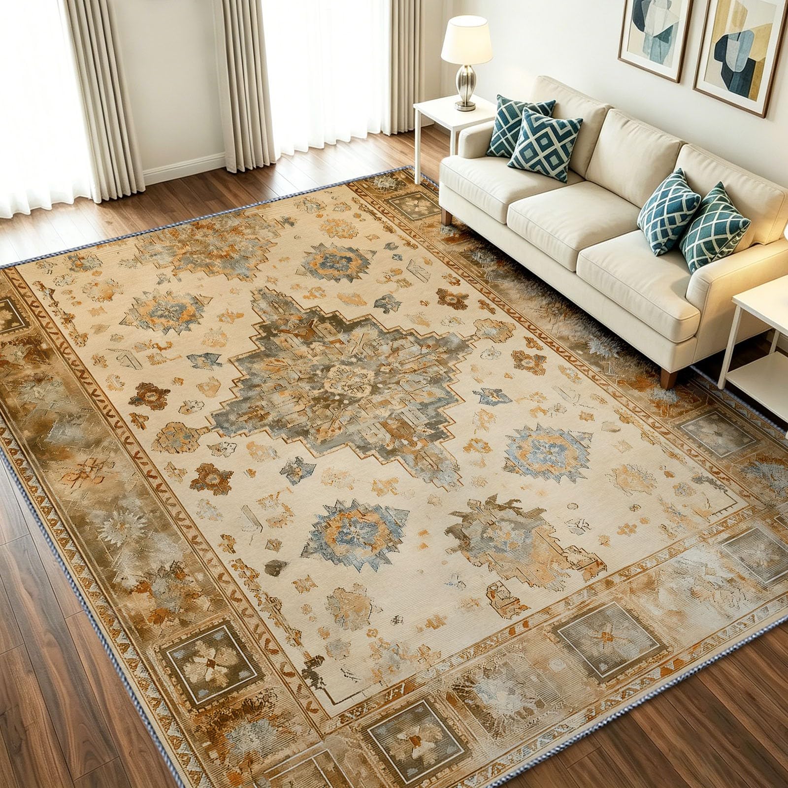 Tapis de salon 160 x 230 cm oriental lavable et antidérapant à motifs losanges
