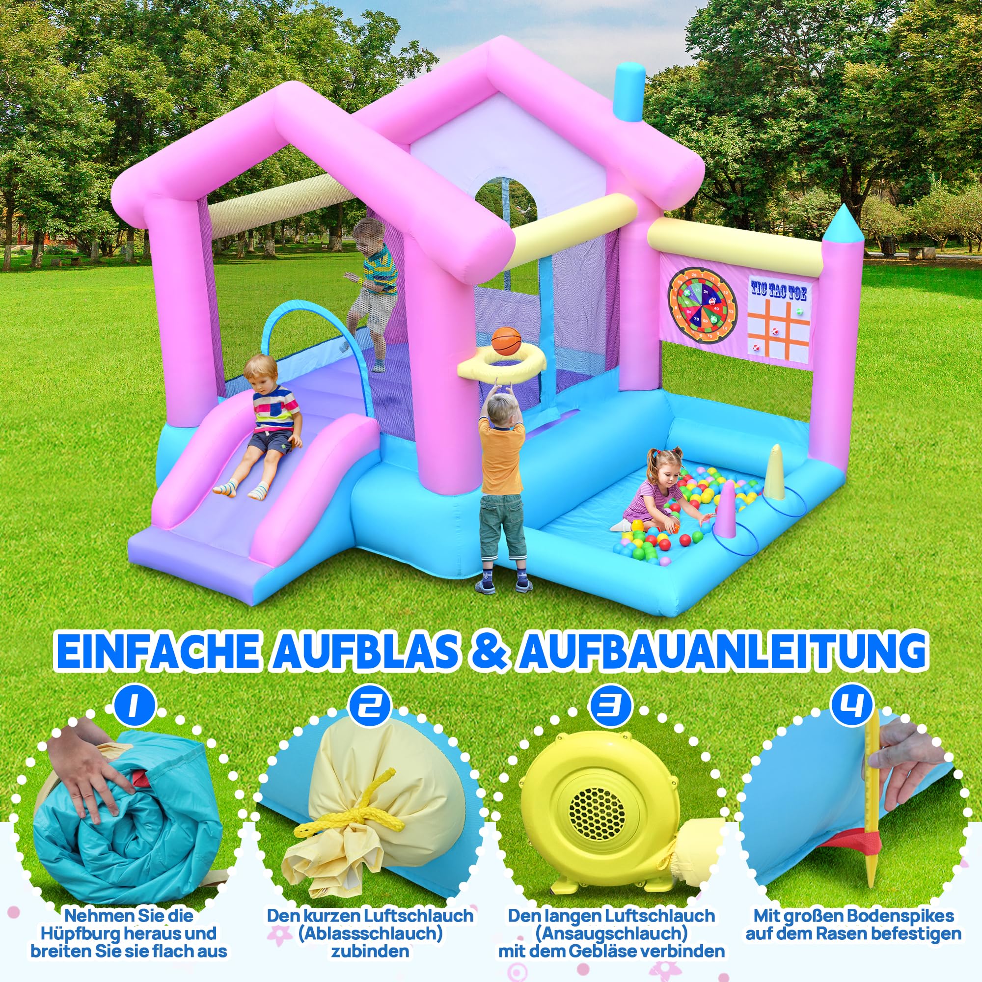 Hüpfburg groß mit rutsche und basketballkorb, hüpfburg Kinder 3-10 Jahre, mit gebläse, Indoor und Outdoor