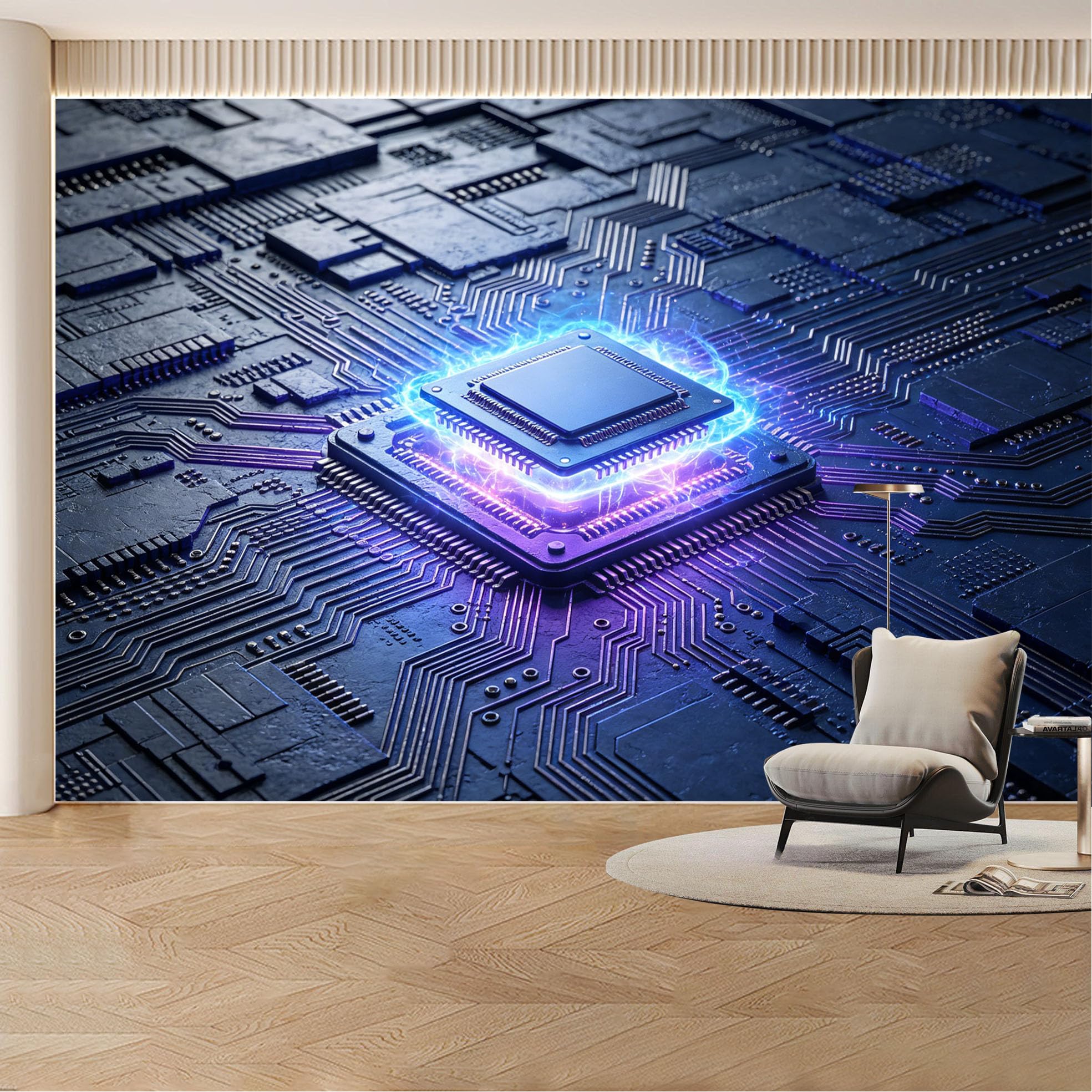 Custom Wall Mural Wallpaper Microchip Circuit Board Futuristic Landscape 3D Effect Modern Wall Decor Tech Style Removable SelfAdhesive Large Photo for Living Room， Bedroom， Office