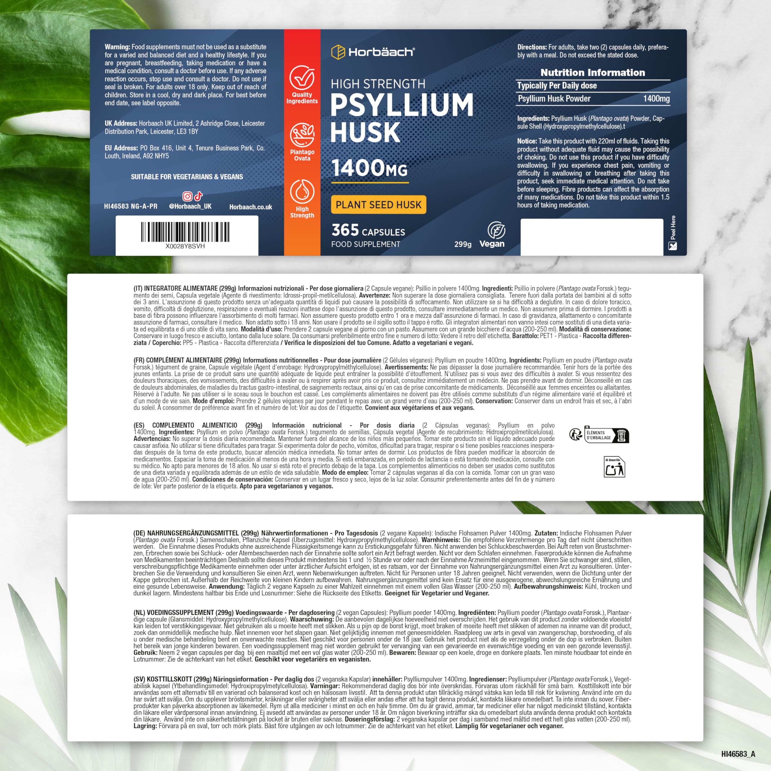 Psyllium Blond Gelules 1400 mg | 365 Psyllium Gelules Vegan | 6 Mois | Haute Dosage | Prébiotique naturel | Horbaach