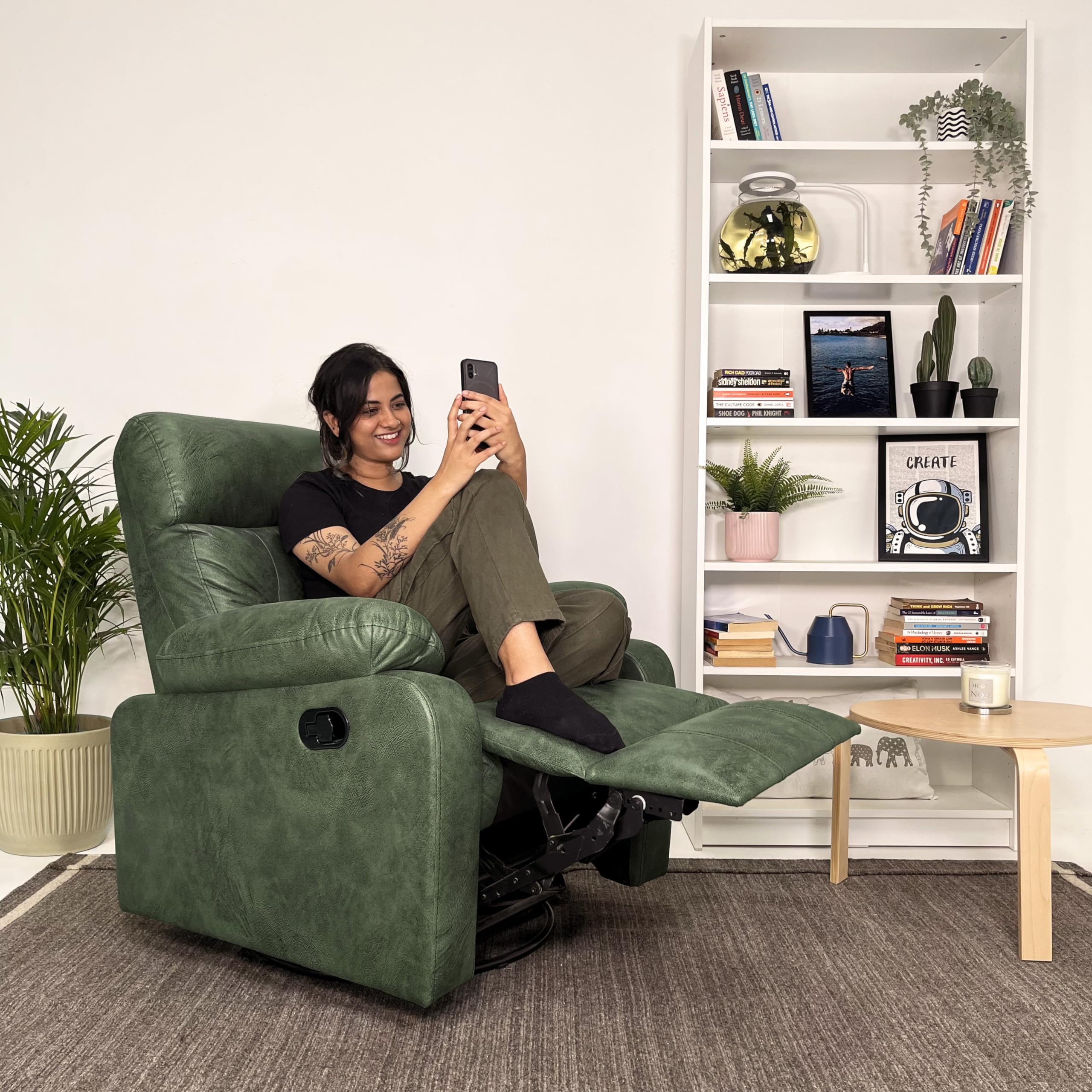 JORDYBLUE Single Seater Manual Rocking Revolving Recliner Sofa | Solid Wood | 1 Year Warranty | Recliner for Living Room Bedroom & Home Office (Wayde, Suede Fabric) (Green)