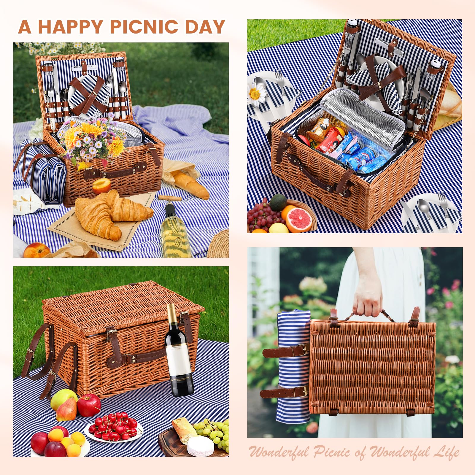 Cestino da Picnic in Vimini per 4 Persone, Cesto Picnic con Scomparto Termico, Coperta Impermeabile, Piatti, Bicchieri, Posate, per Campeggio, Festa all'Aperto, Spiaggia, Escursioni, Blu