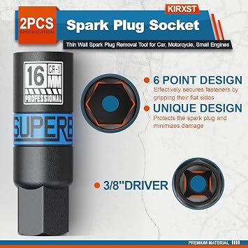 2Pcs Spark Plug Socket, 3/8 Inch 6 Point Thin Wall Spark Plug Removal Tool for Car, Motorcycle, Small Engines (14 mm & 16 mm)